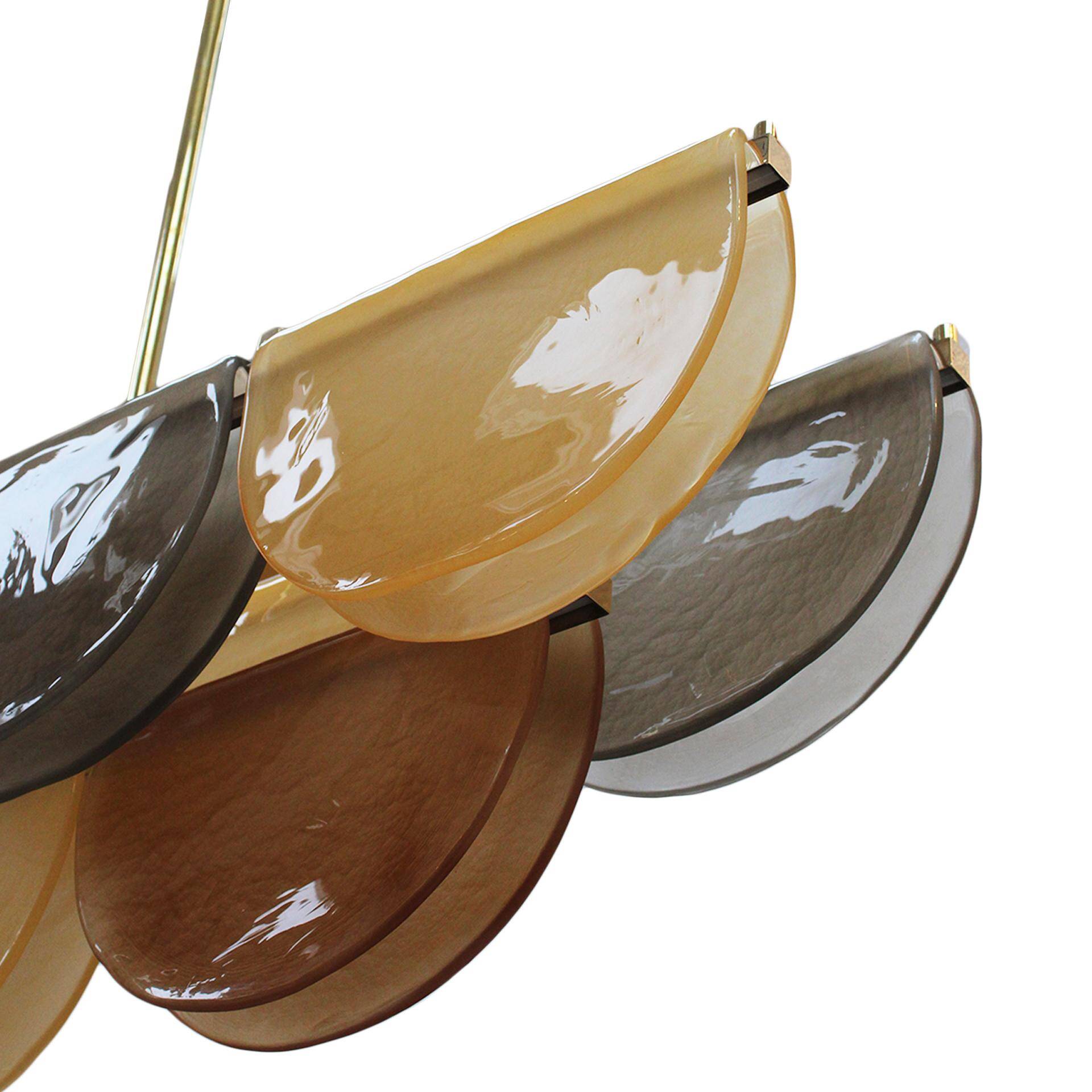 Contemporary Elongated Brown and Gold Murano Glass and Brass Ceiling Lamp, Italy