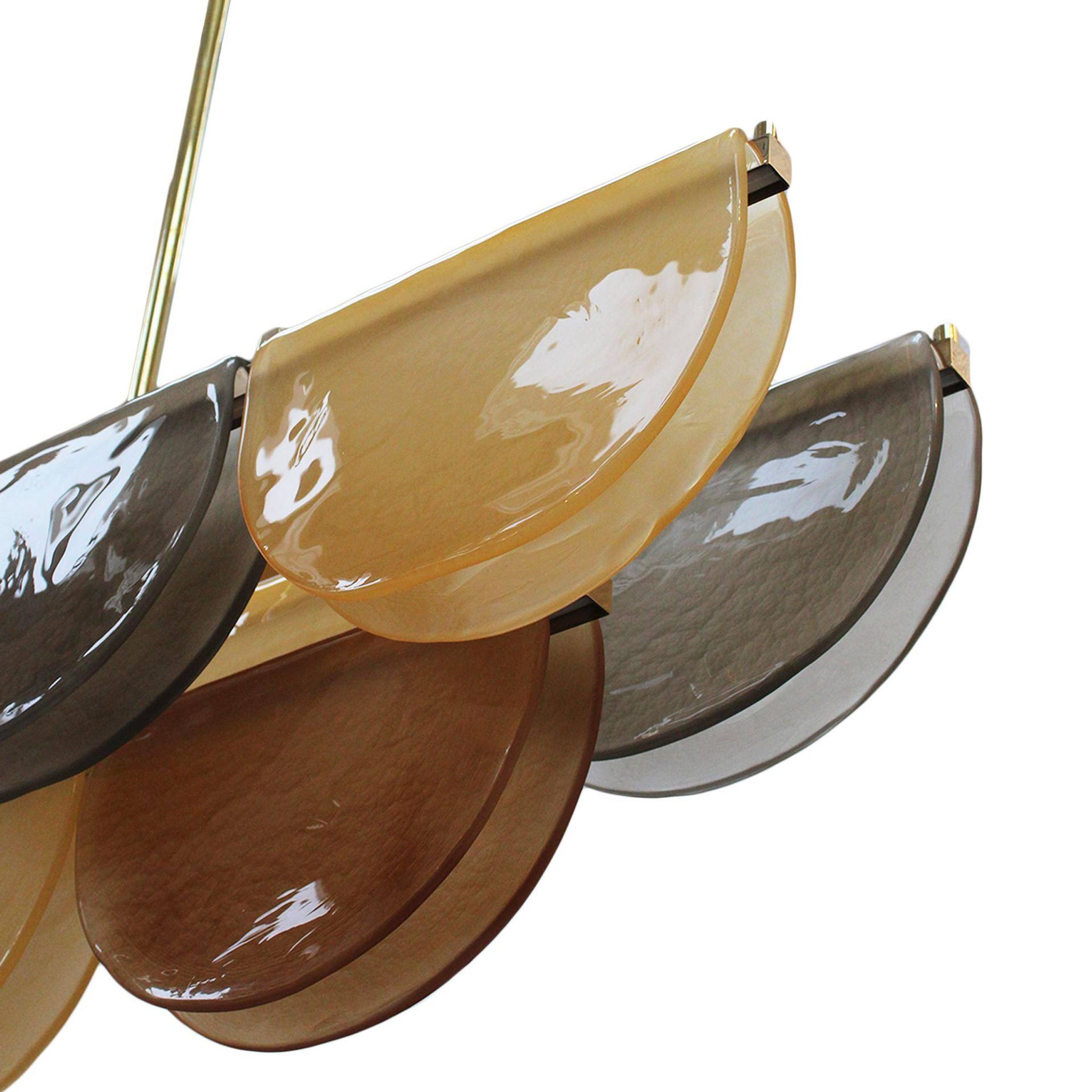 Contemporary Elongated Brown and Gold Murano Glass and Brass Ceiling Lamp, Italy