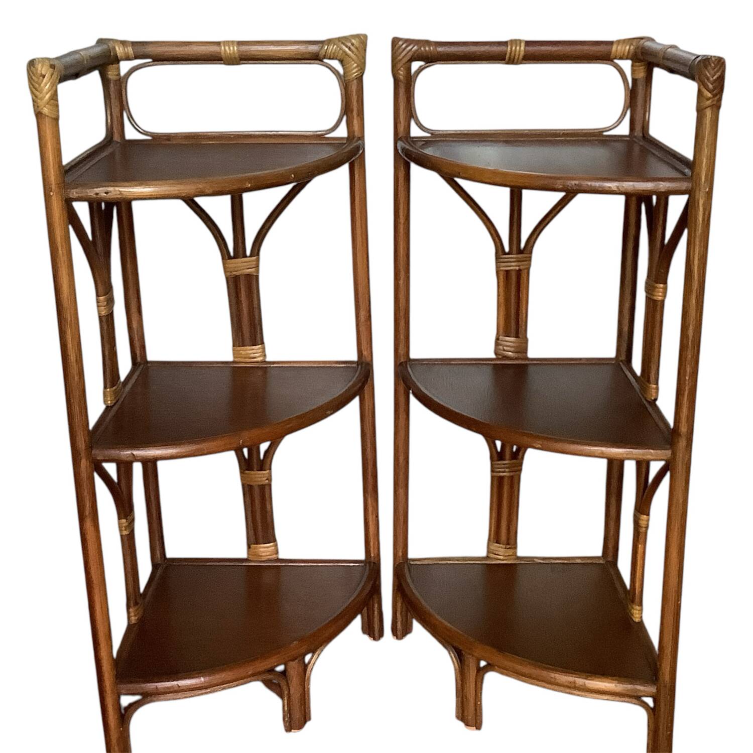 Pair of vintage rattan corner shelves