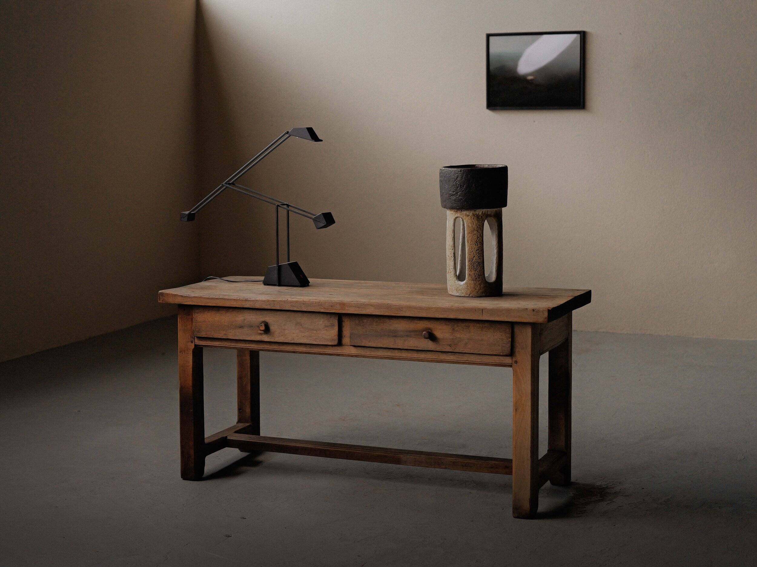 Antique work table/console in solid oak, Auvergne, circa 1900