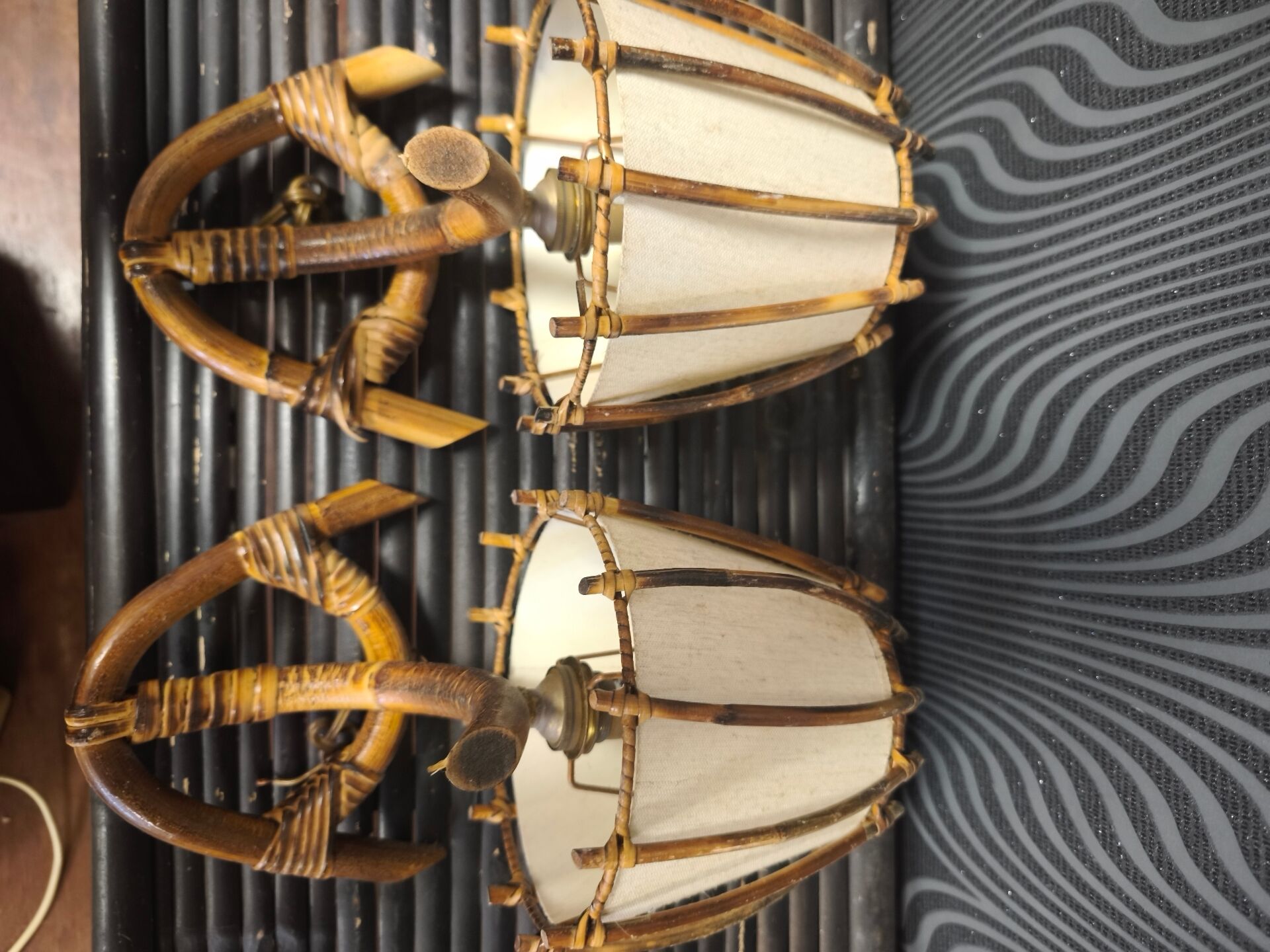 Pair of wall sconces in rattan