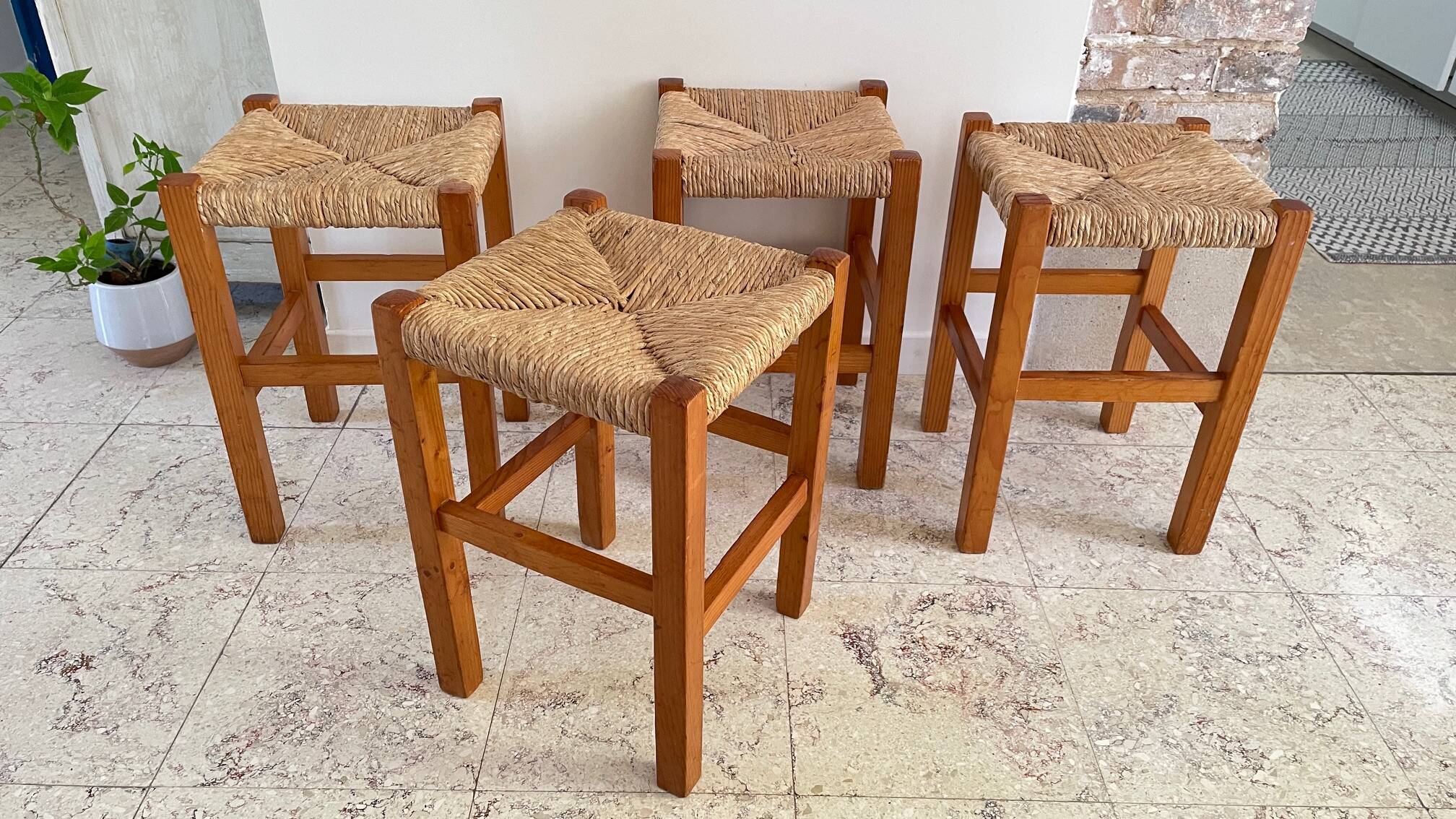 Pair of vintage wooden and straw stools