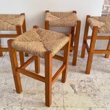 Pair of vintage wooden and straw stools