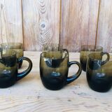 Lot coffee cups in smoked brown glass 70s, rounded shape, beautiful handcrafted.