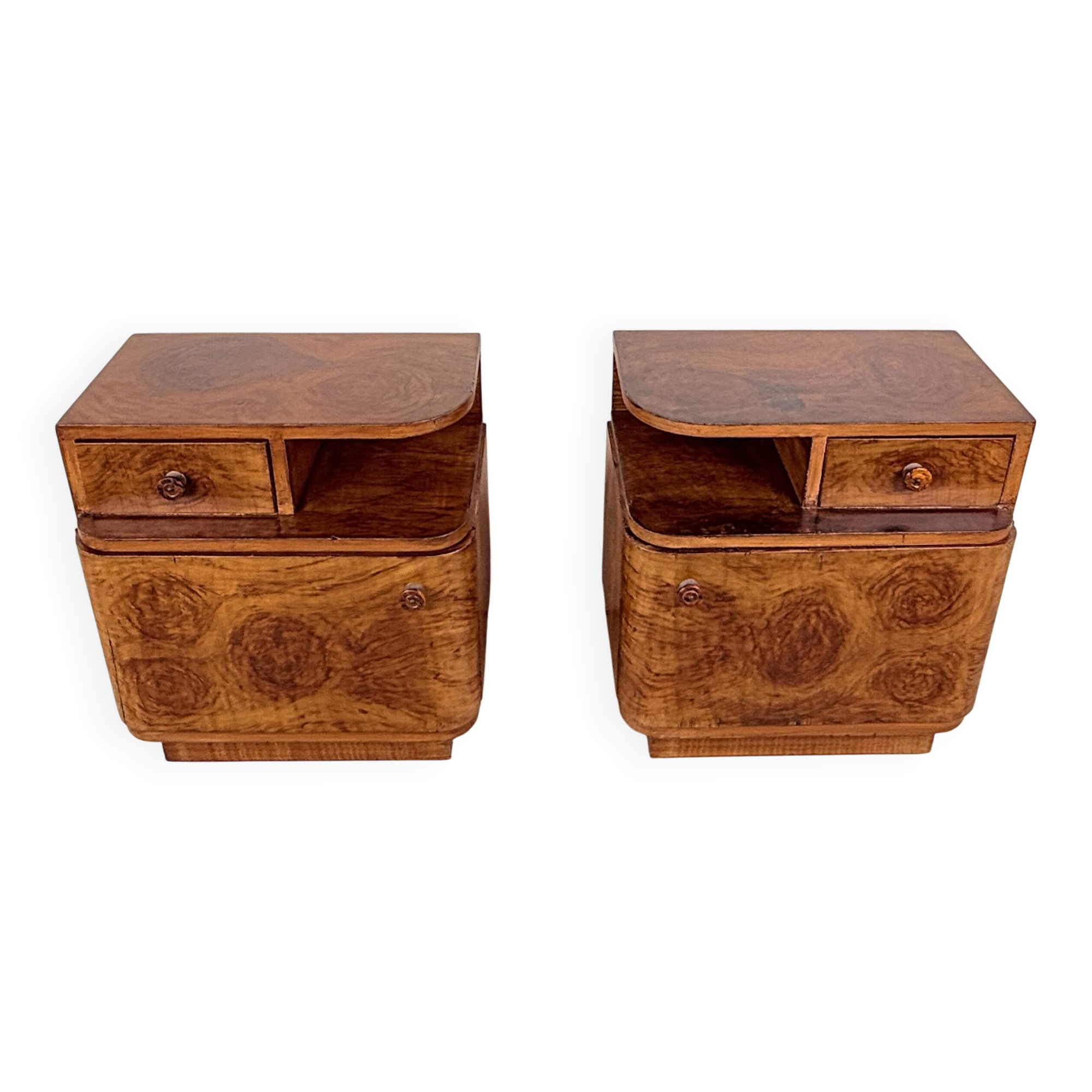 Set of 2 art-deco bedside tables with bakelite handles