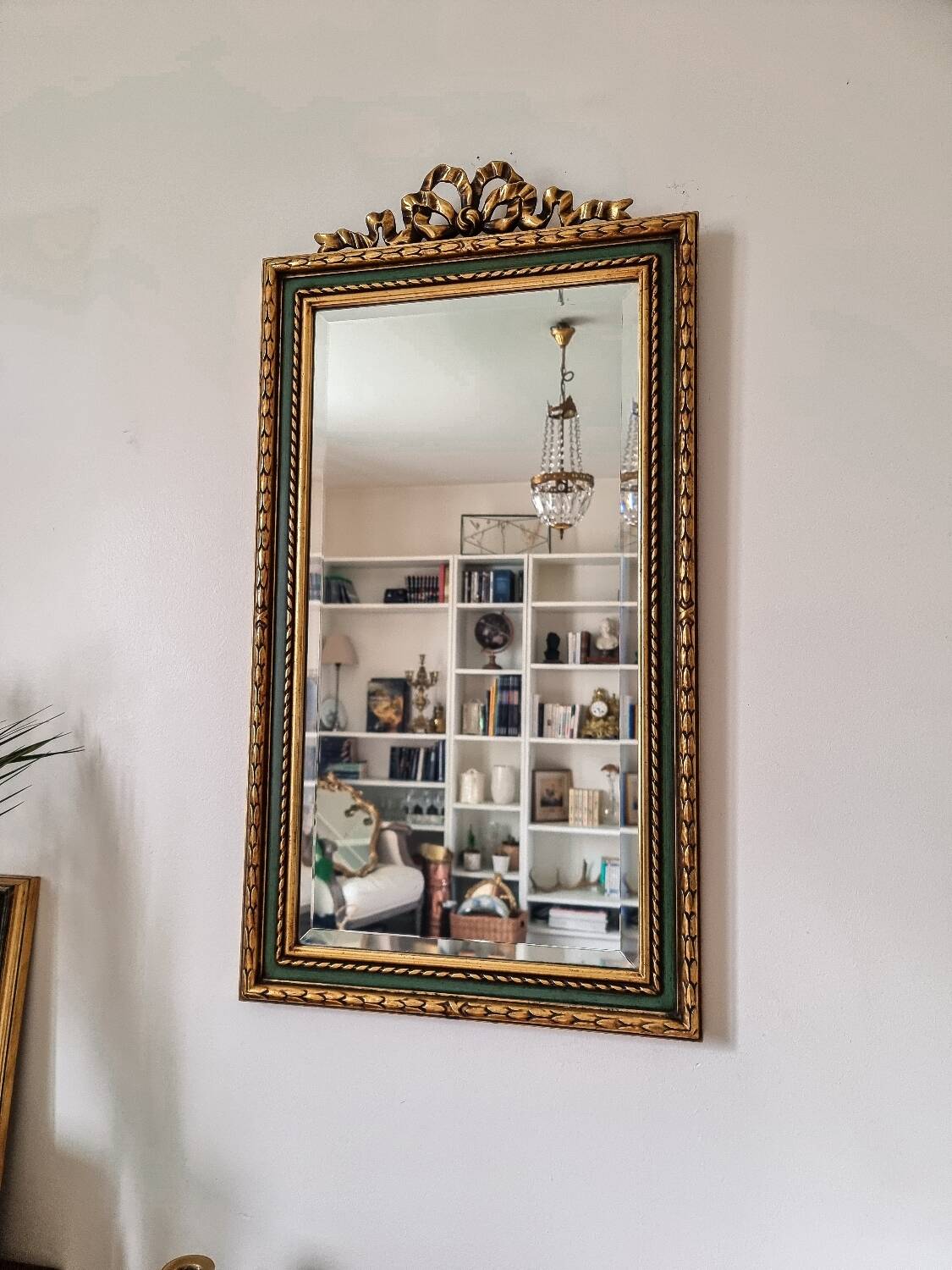 Gold and fir green beveled mirror, Louis XVI/Regency style, 1970