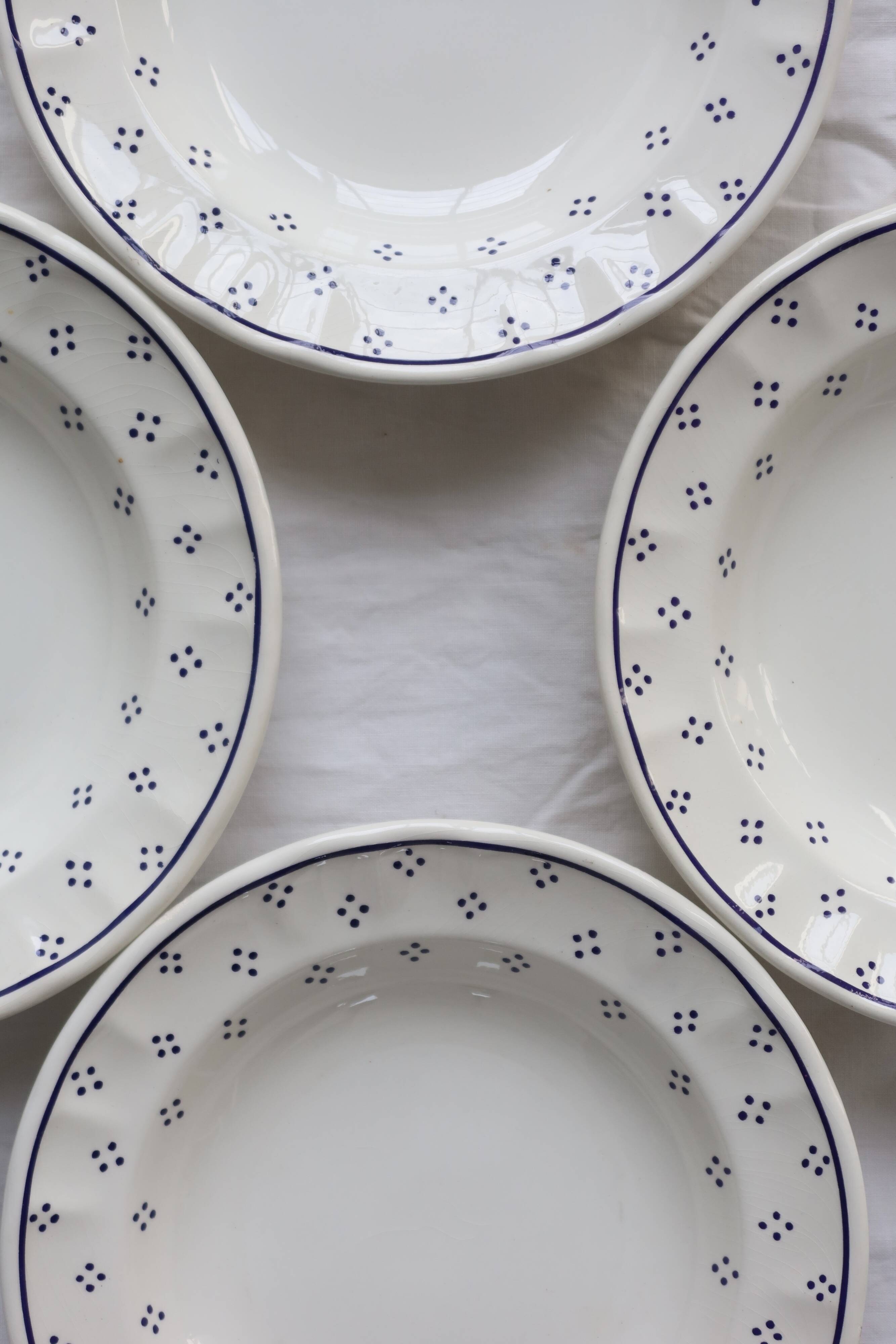 4 vintage white porcelain soup plates - Blue polka dot pattern