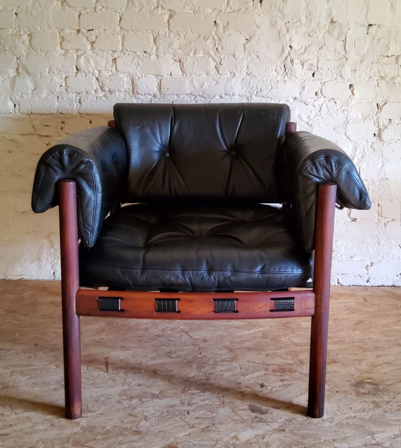 Armchair with vintage ottoman in black leather by Sven Ellekaer for Coja, 1970