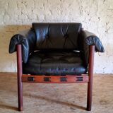 Armchair with vintage ottoman in black leather by Sven Ellekaer for Coja, 1970