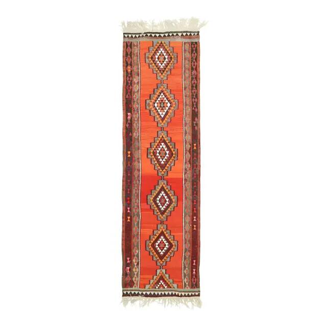 1970s Vintage Turkish Hand-Knotted Wool Cotton Orange Runner Rug 92x320