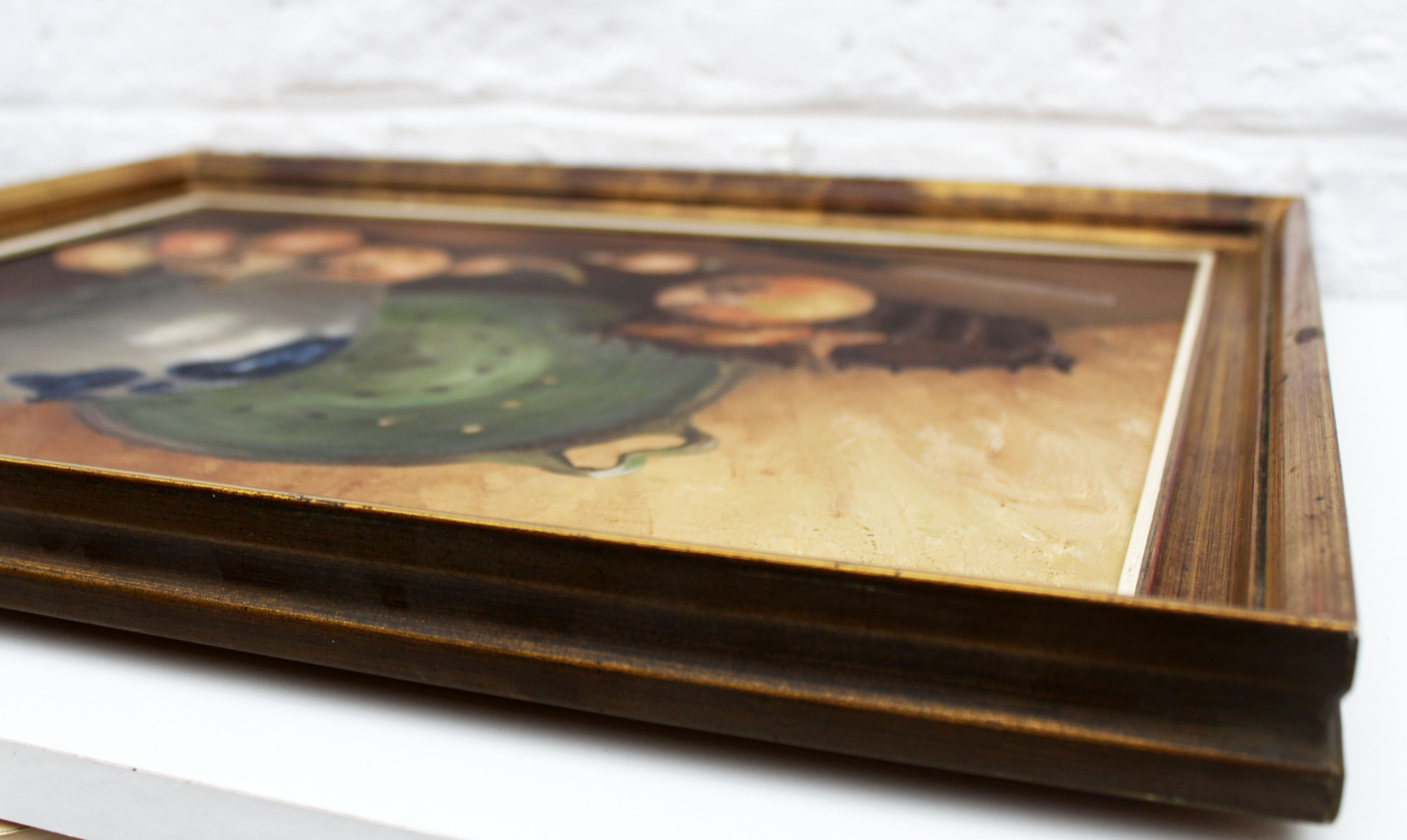 Vintage oil painting on canvas and gold gilded wood frame, still life