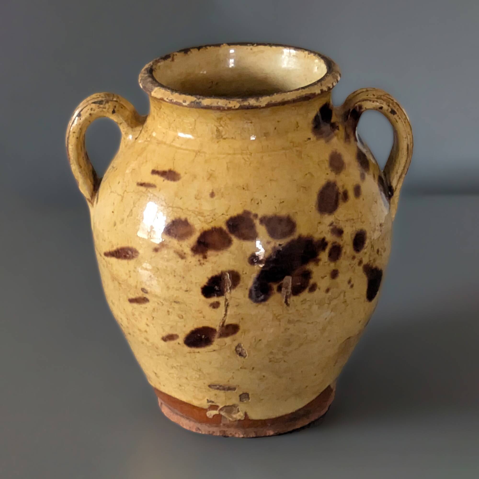 Antique glazed earthenware preserve pot in ochre and brown – southern pottery