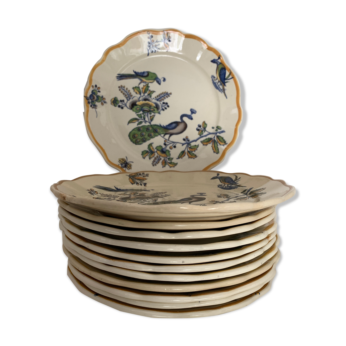 12 art nouveau flat plates from Boch La Louvière, peacock model