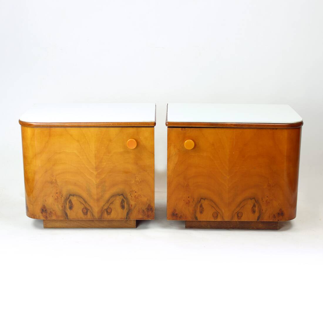 Classical Bedside Tables In Walnut And White Glass, Czechoslovakia 1960s
