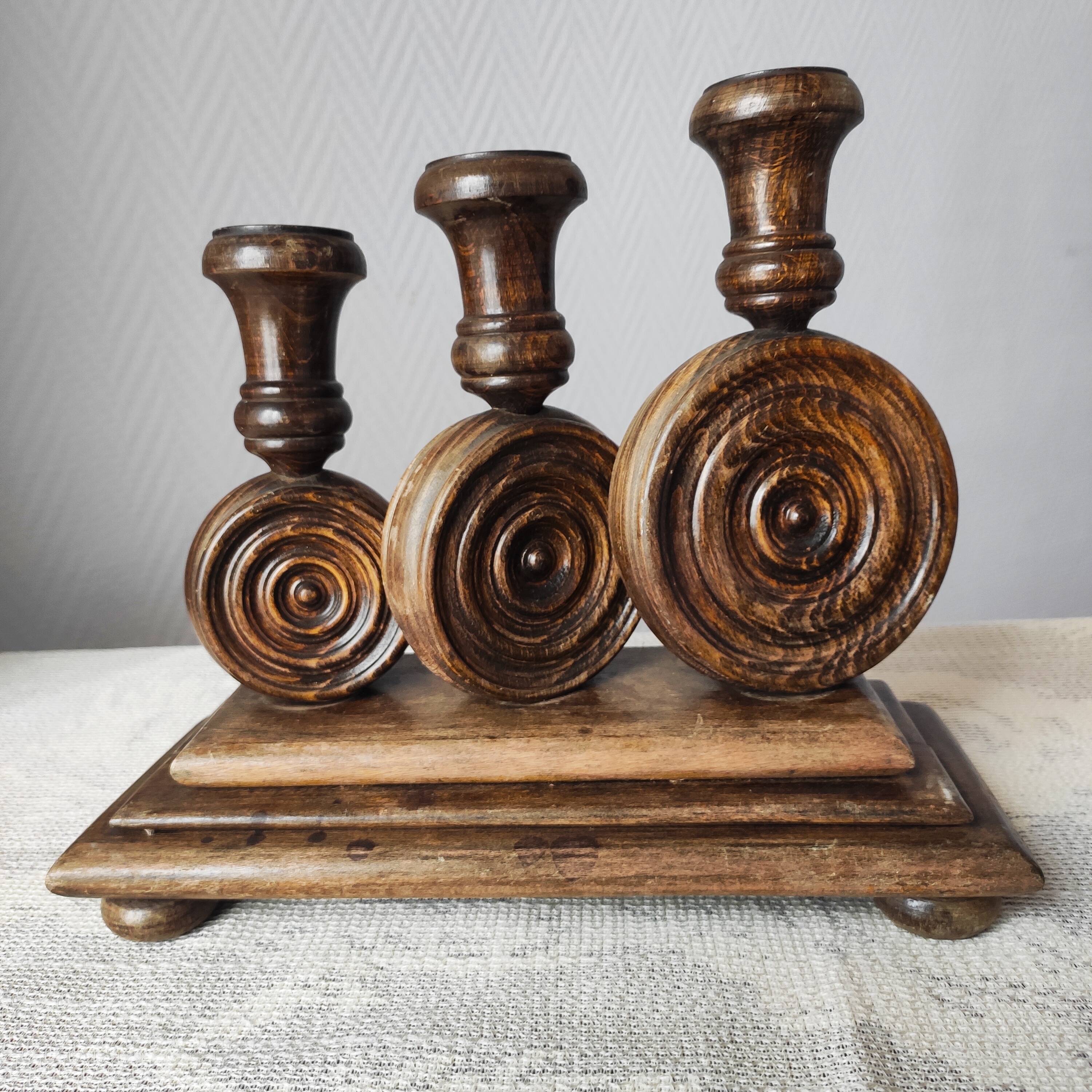 Brutalist turned wood candlestick holders – vintage 50s-60s