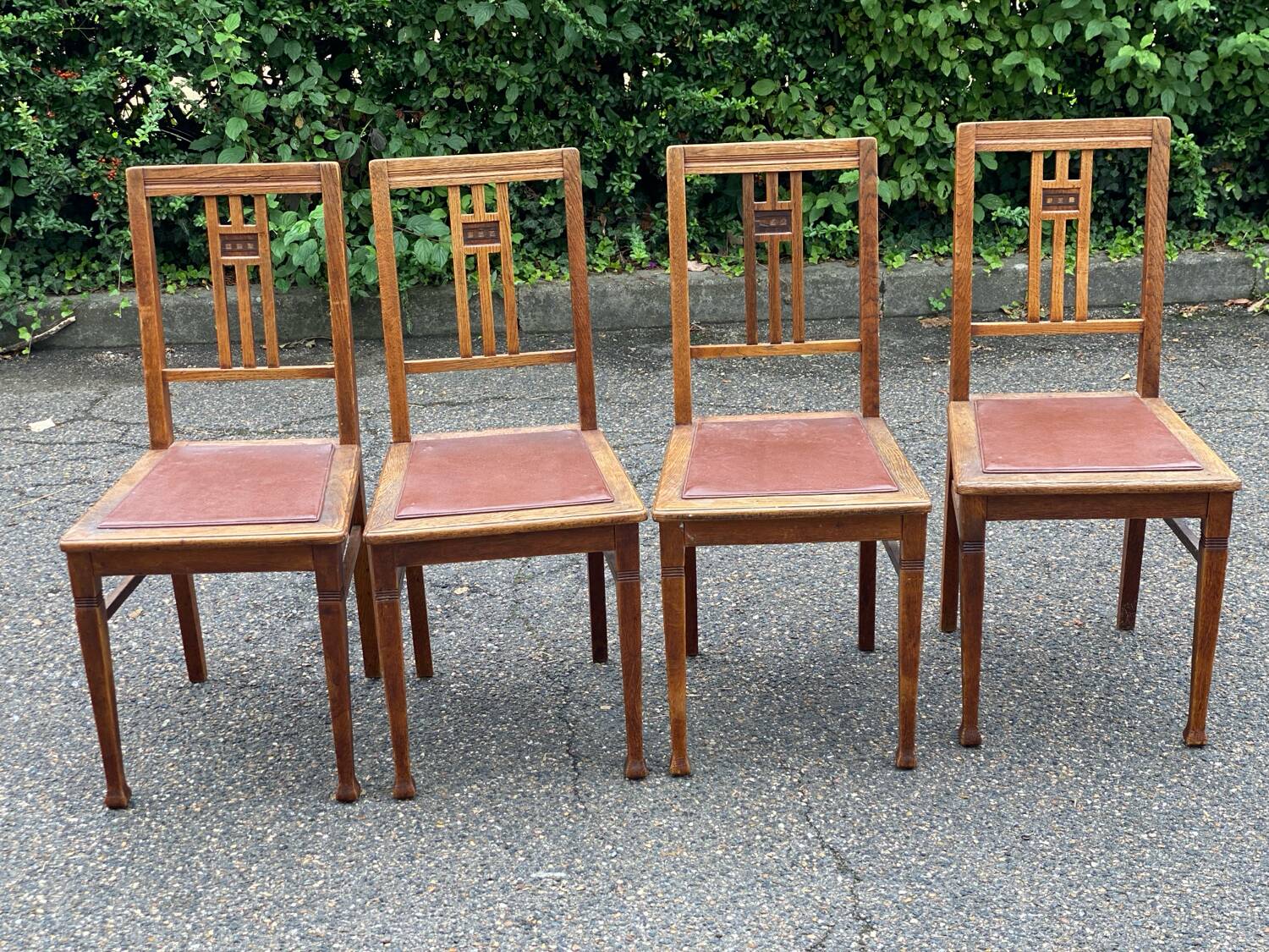 4 art deco dining chairs in solid wood and burgundy leather