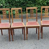 4 art deco dining chairs in solid wood and burgundy leather