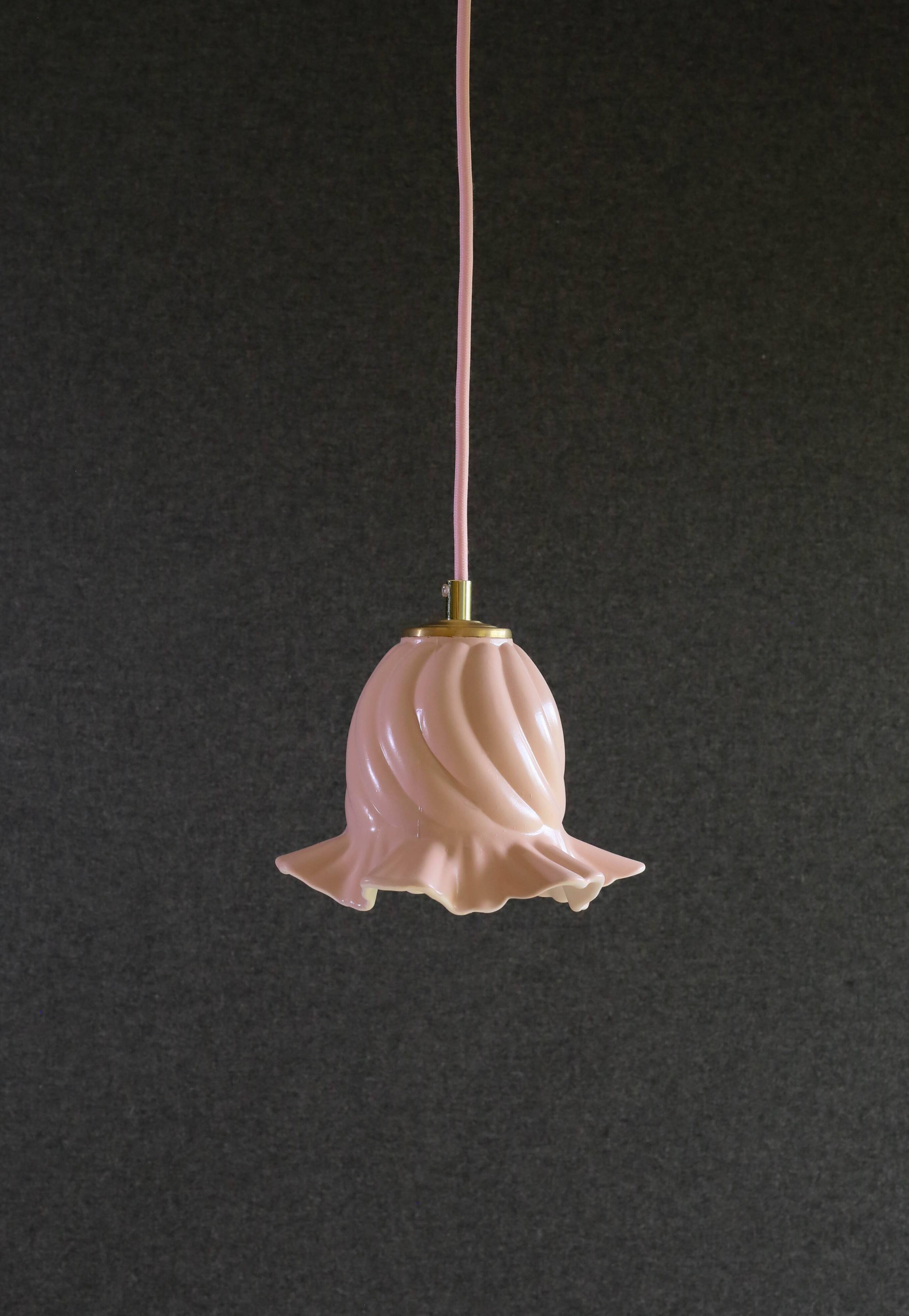Old pendant light in pink and white painted glass, French pendant light - delivered with socket and cable