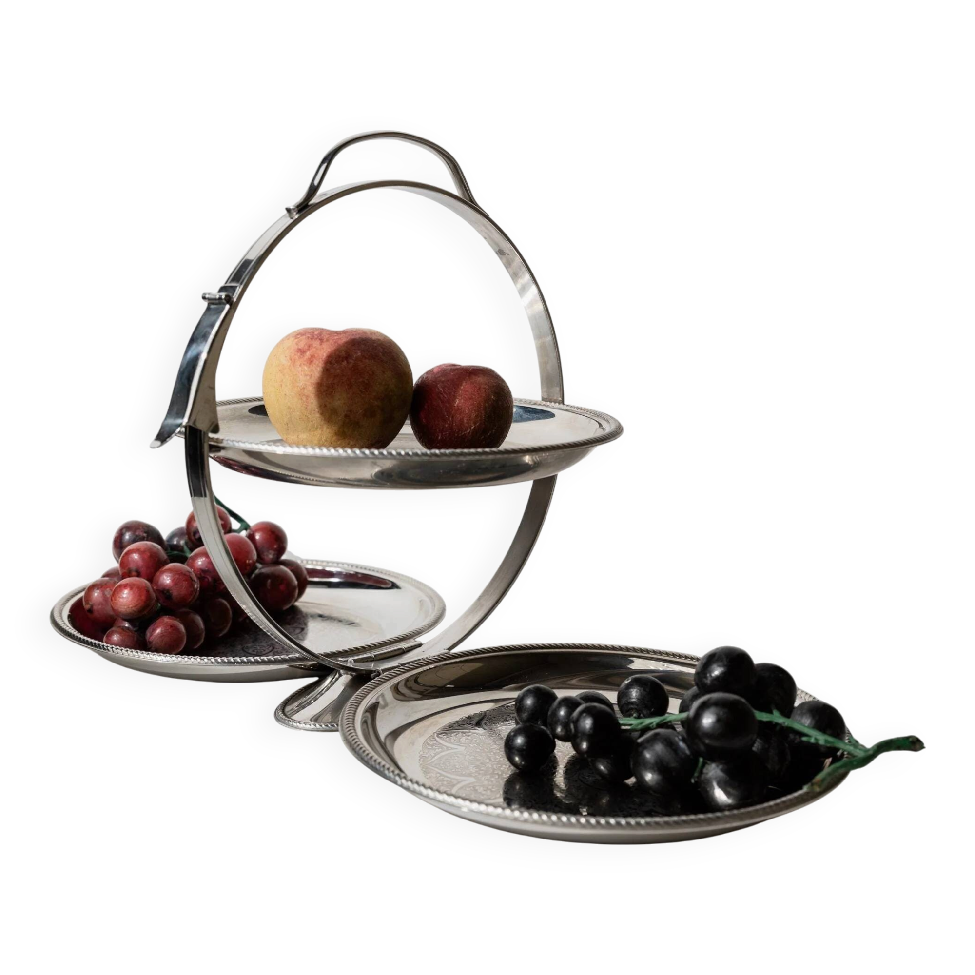Plateau de service pliant vintage des années 1960, 3 assiettes gravées en acier inoxydable, design Carlo Alessi, série Mercury 898
