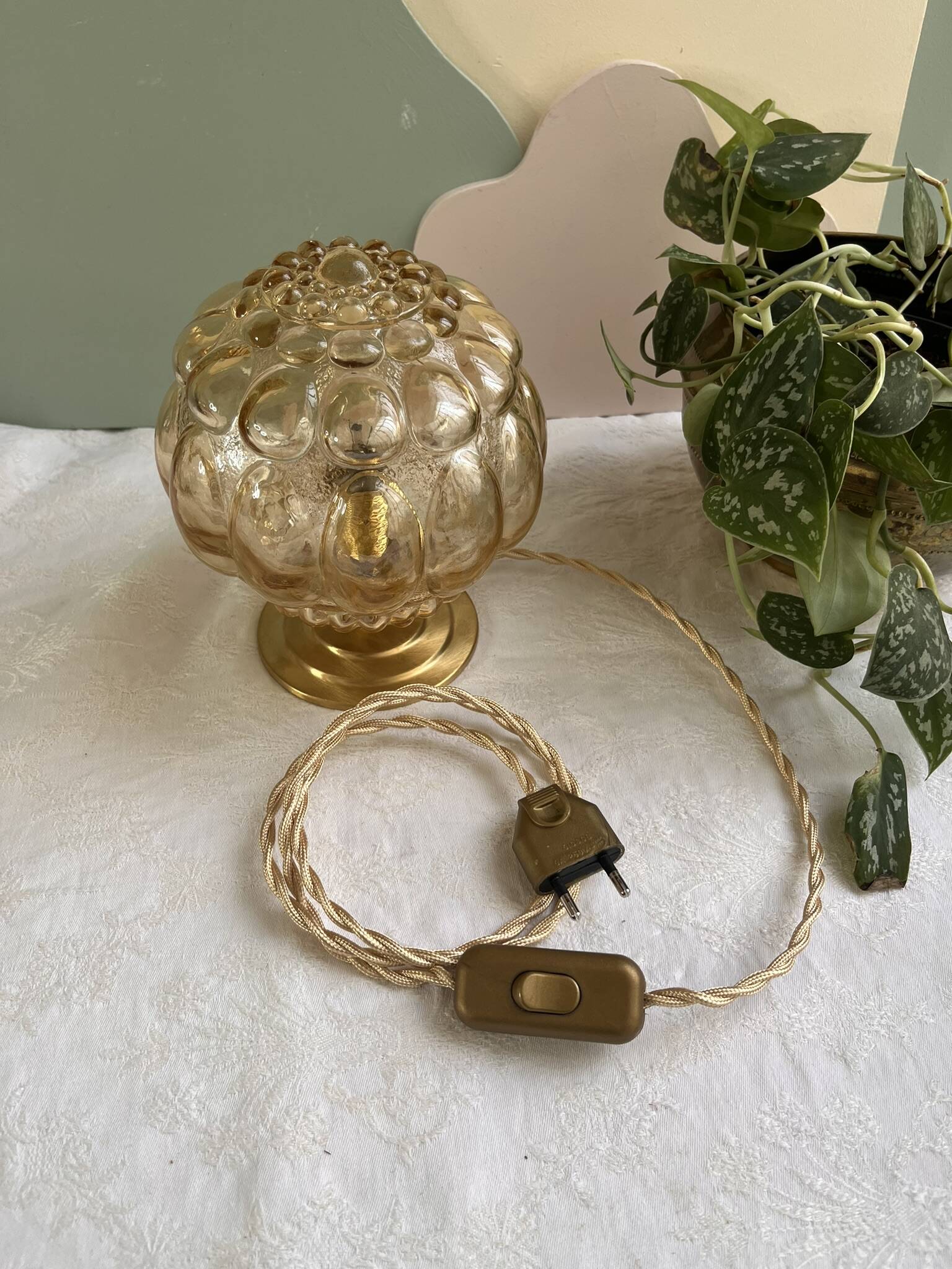Vintage glass table lamp - amber bubble globe