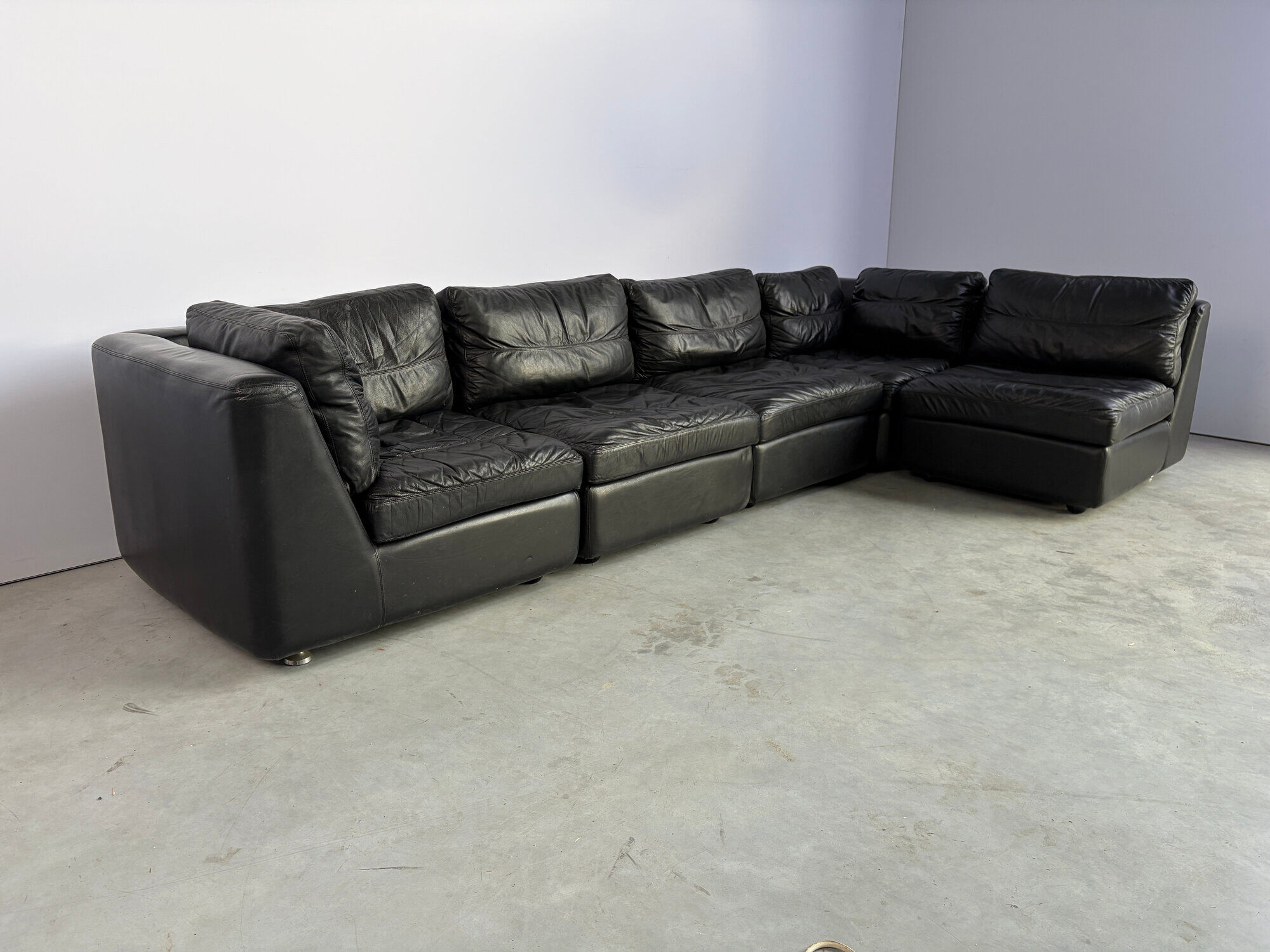 Vintage black leather modular sofa, 1970s