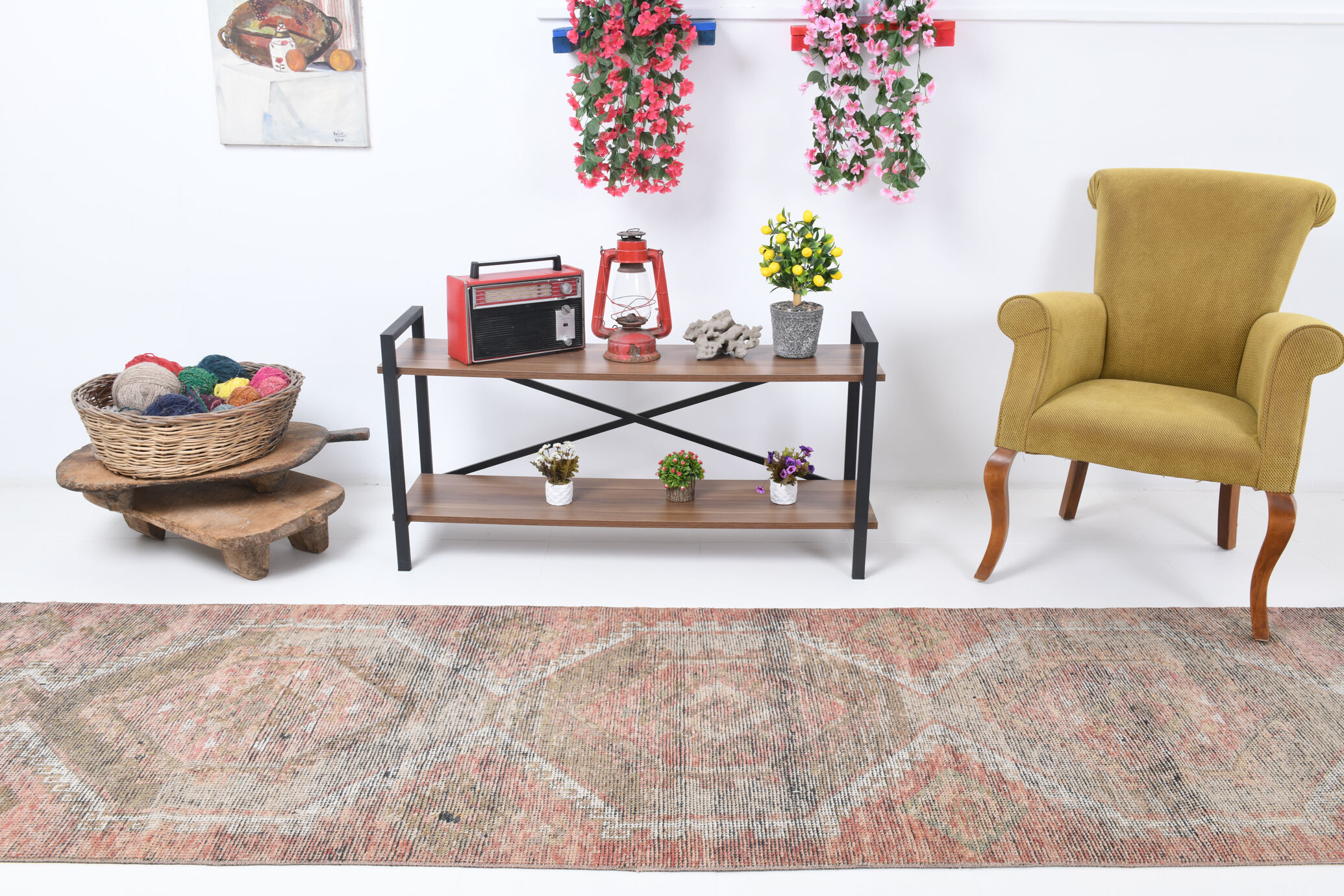 Faded brown & beige turkish runner rug 339x91cm