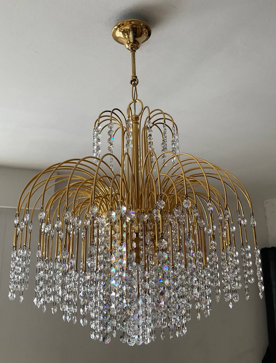 Vintage brass chandelier with crystal tassels cascade