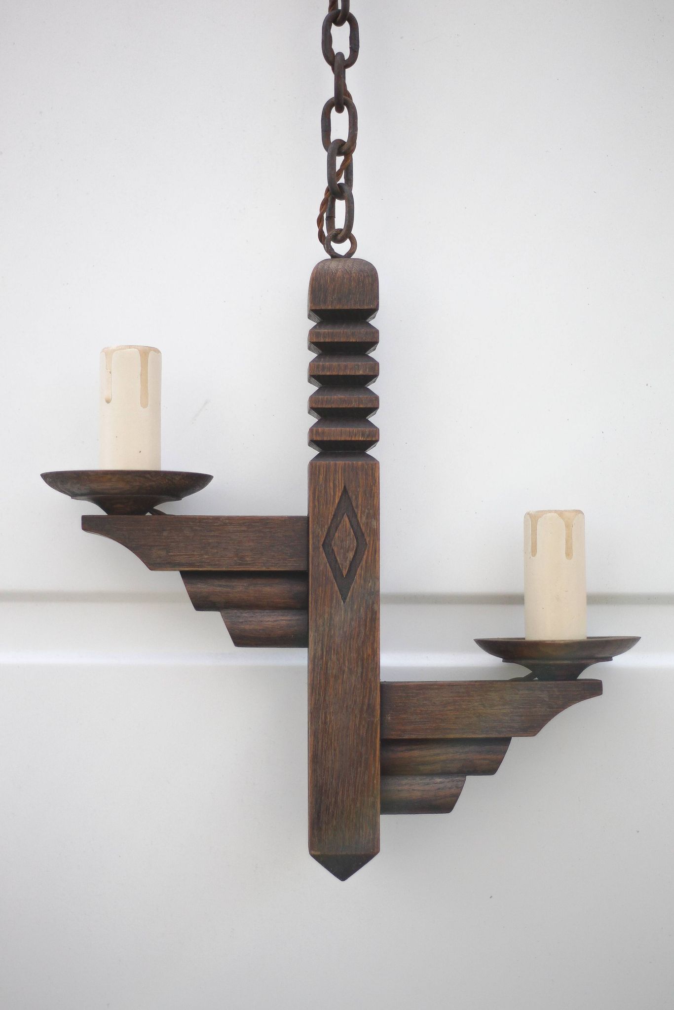 Wooden pendant light, vintage pendant light, 2-light wooden hanging lamp, Gothic