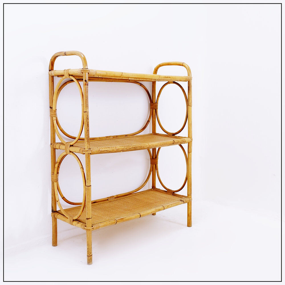Vintage three-tier rattan shelf in bohemian style - 1960s