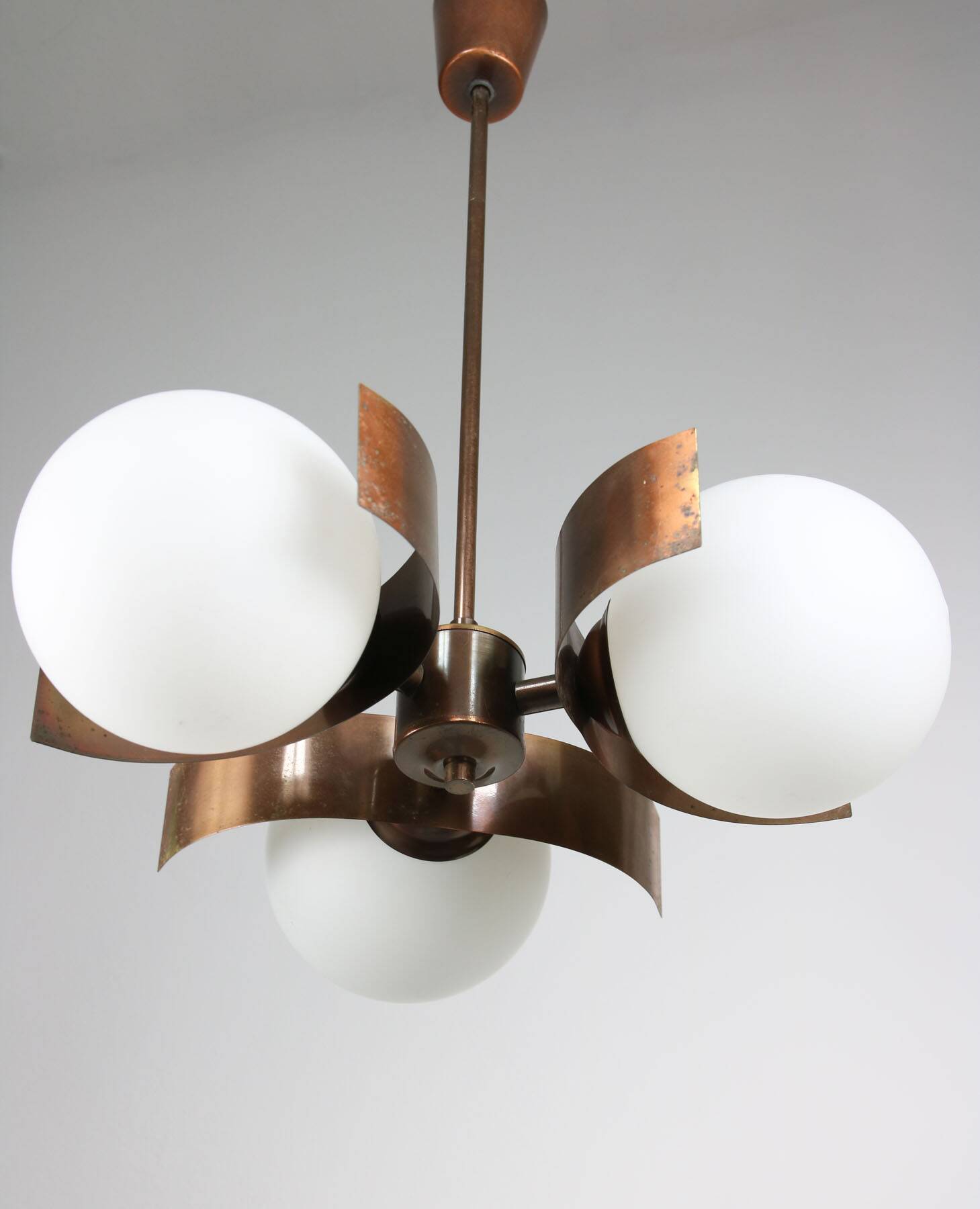 Vintage Italian Copper & Opaline Glass Chandelier