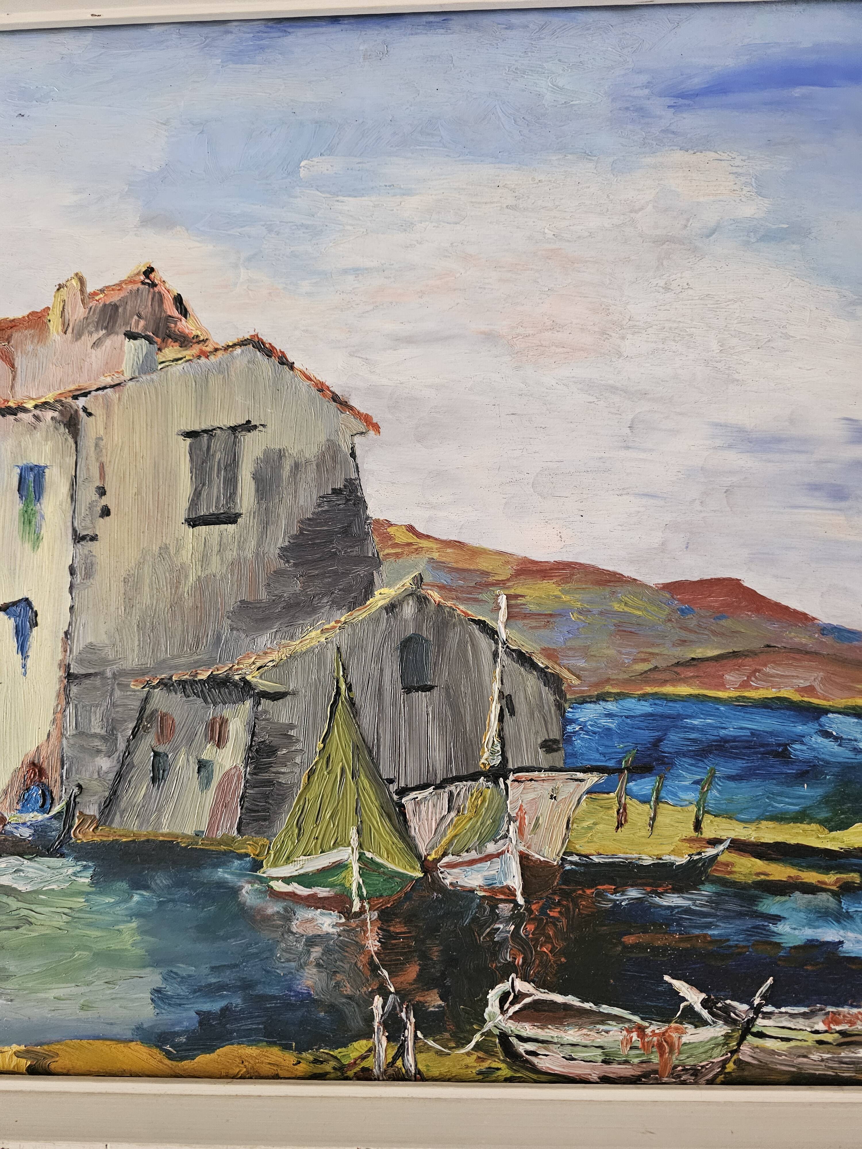 Oil painting on Isorel Marine Port Les Martigues signed (to be identified)