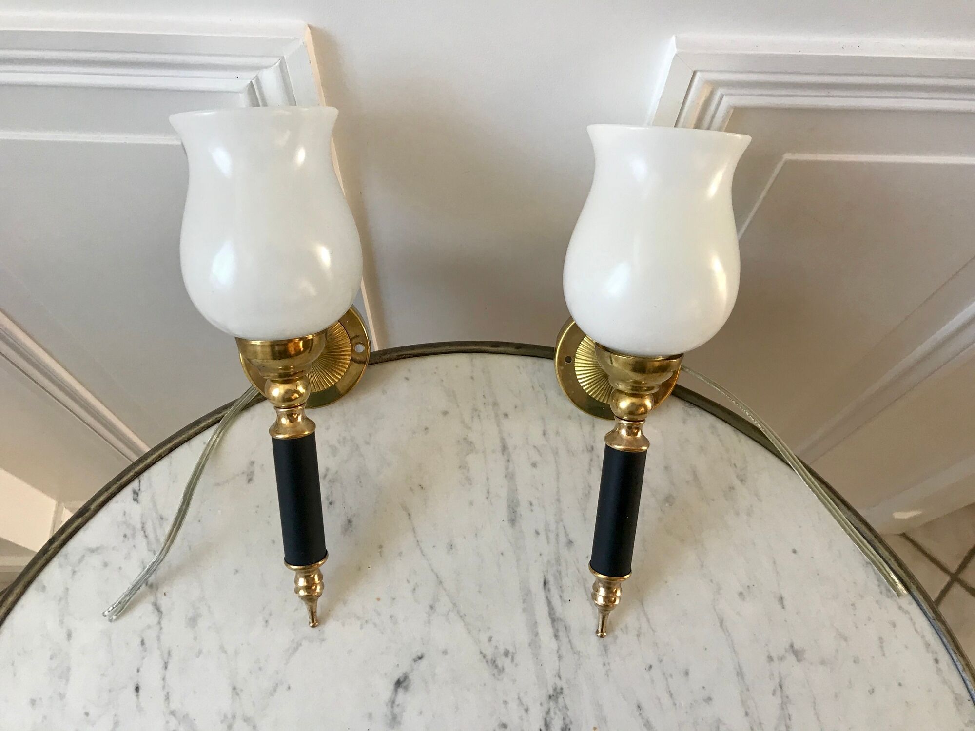 Pair of opaline and golden brass wall lamps art deco style 30s