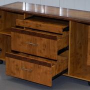 Walnut Burr buffet with drawers and wheels, part of a set.