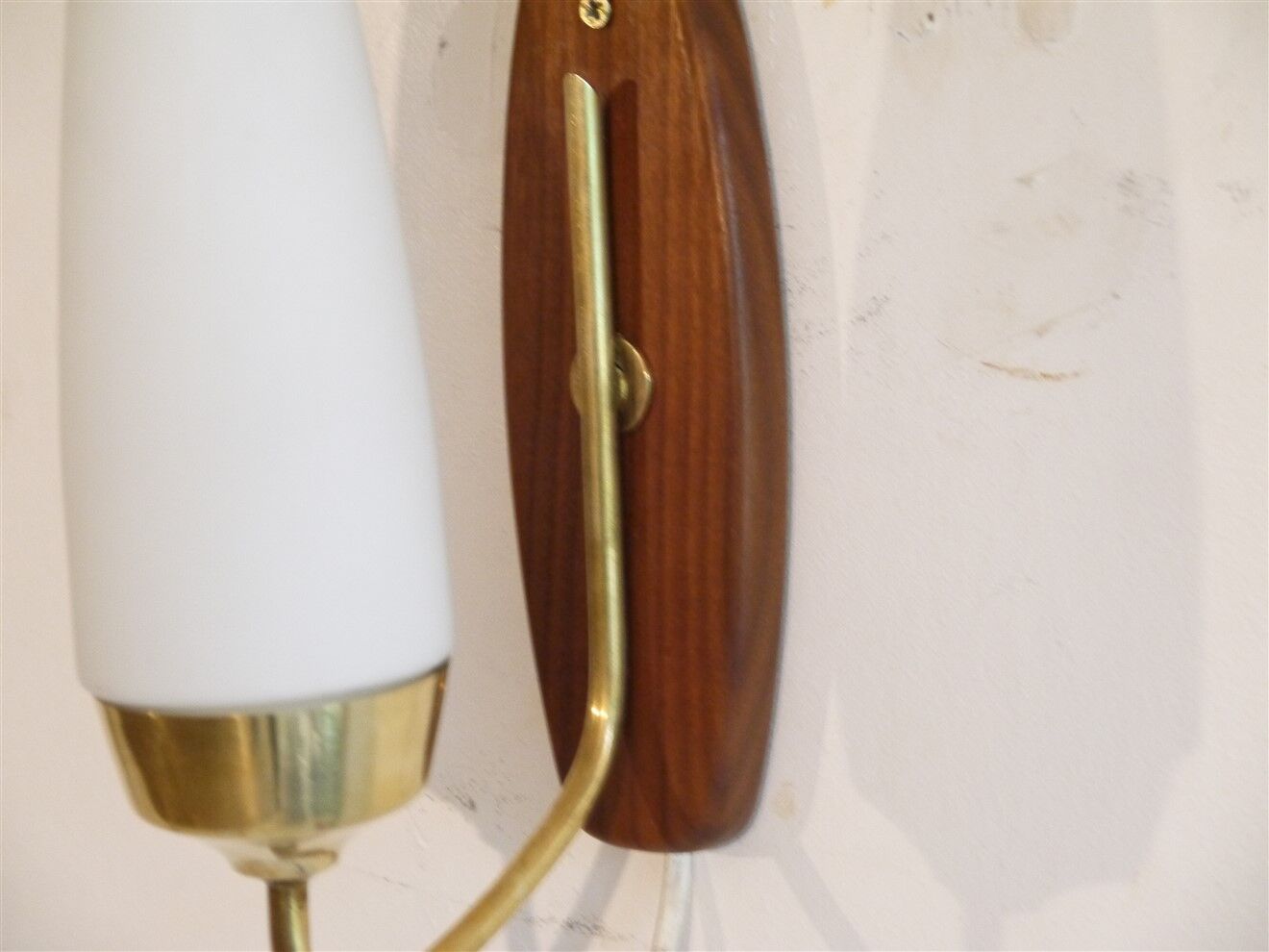 Pair of Danish wall lamps in teak and opaline 1960