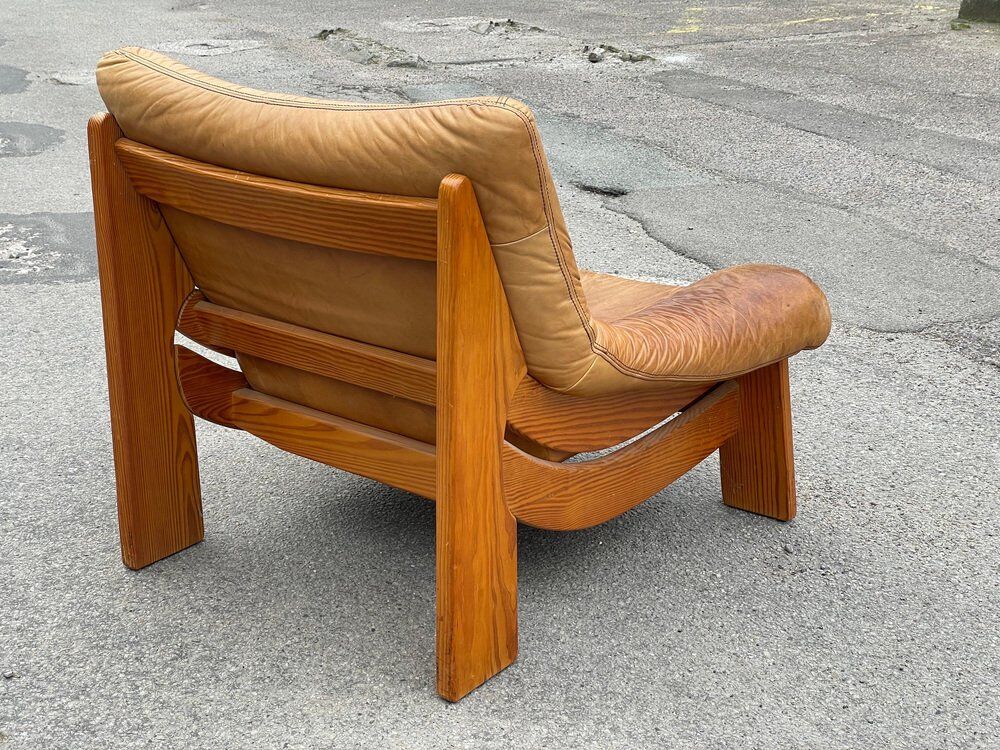 Vintage leather and pine lounge chair by Maison Regain, 1970s