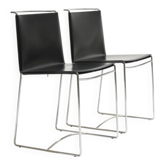 Paire de chaises fil en cuir noir, pascal mourgue, 1990s