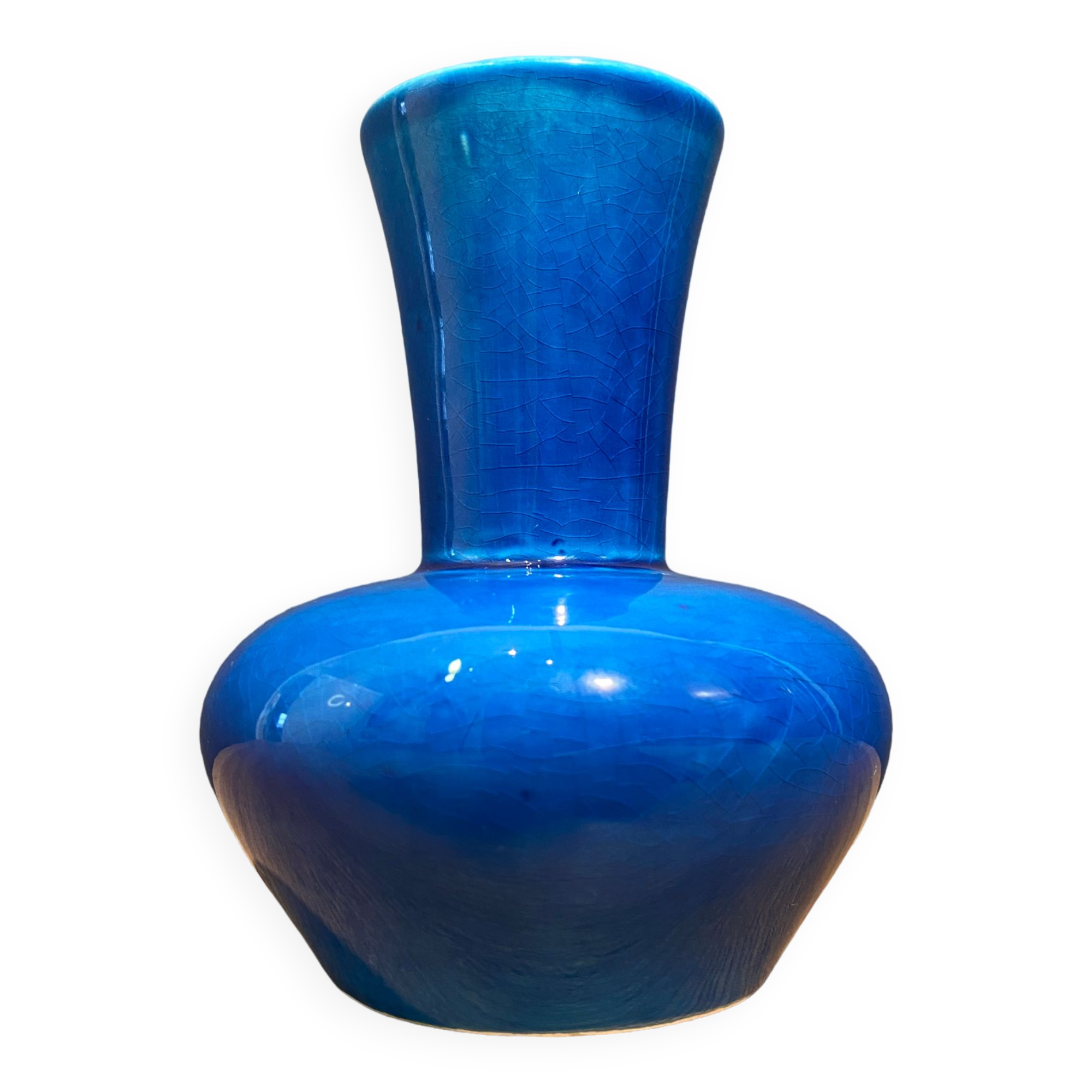 Vase signé en faïence bleue turquoise