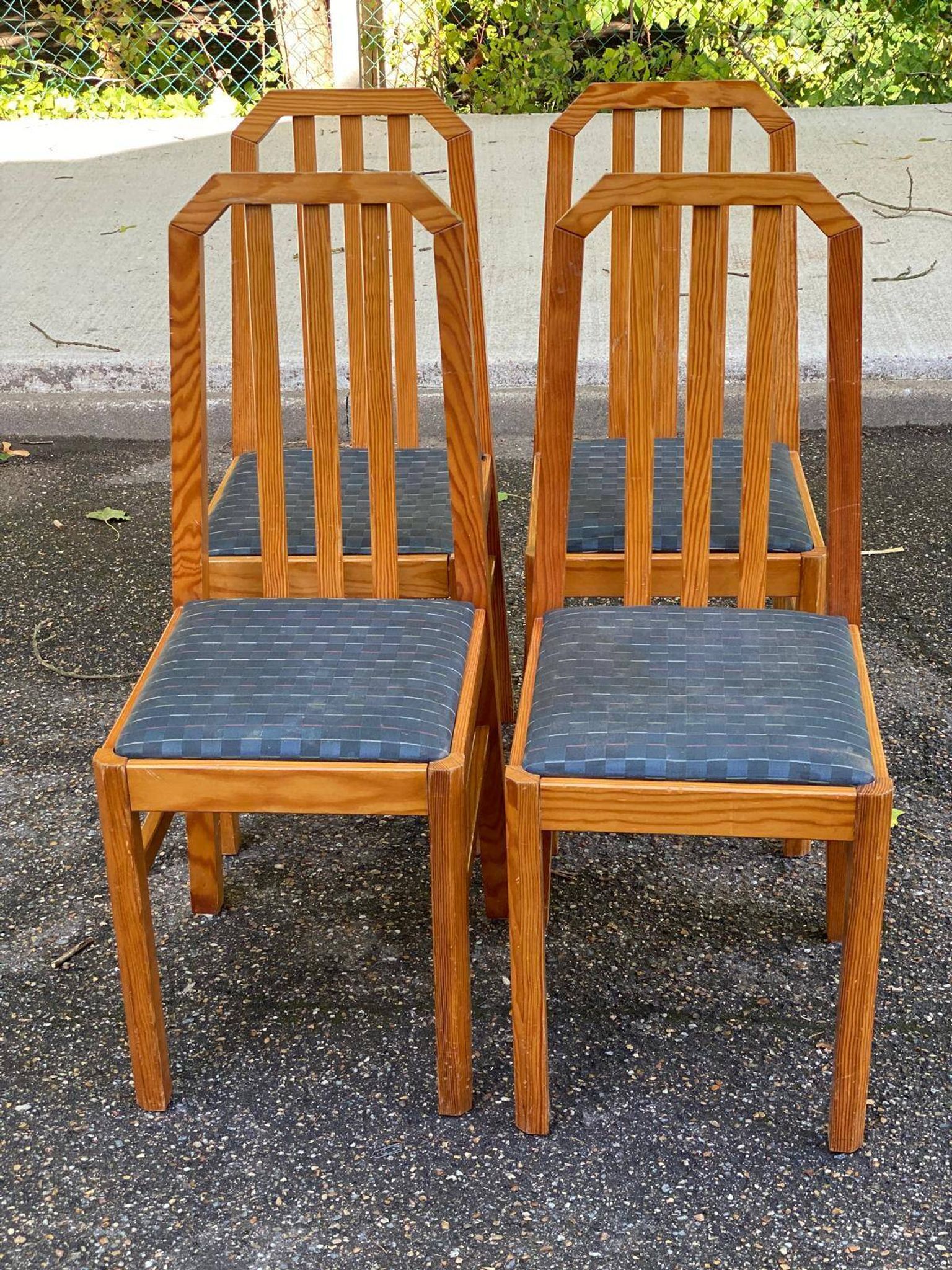 4 solid wood and blue fabric dining chairs with bars