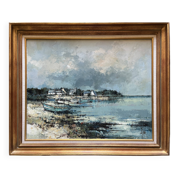 Tableau HST "Port en Bretagne" Marine signé éc. XX° siècle + cadre