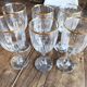 Set of 6 vintage white wine glasses with scrolled rim and gold rim