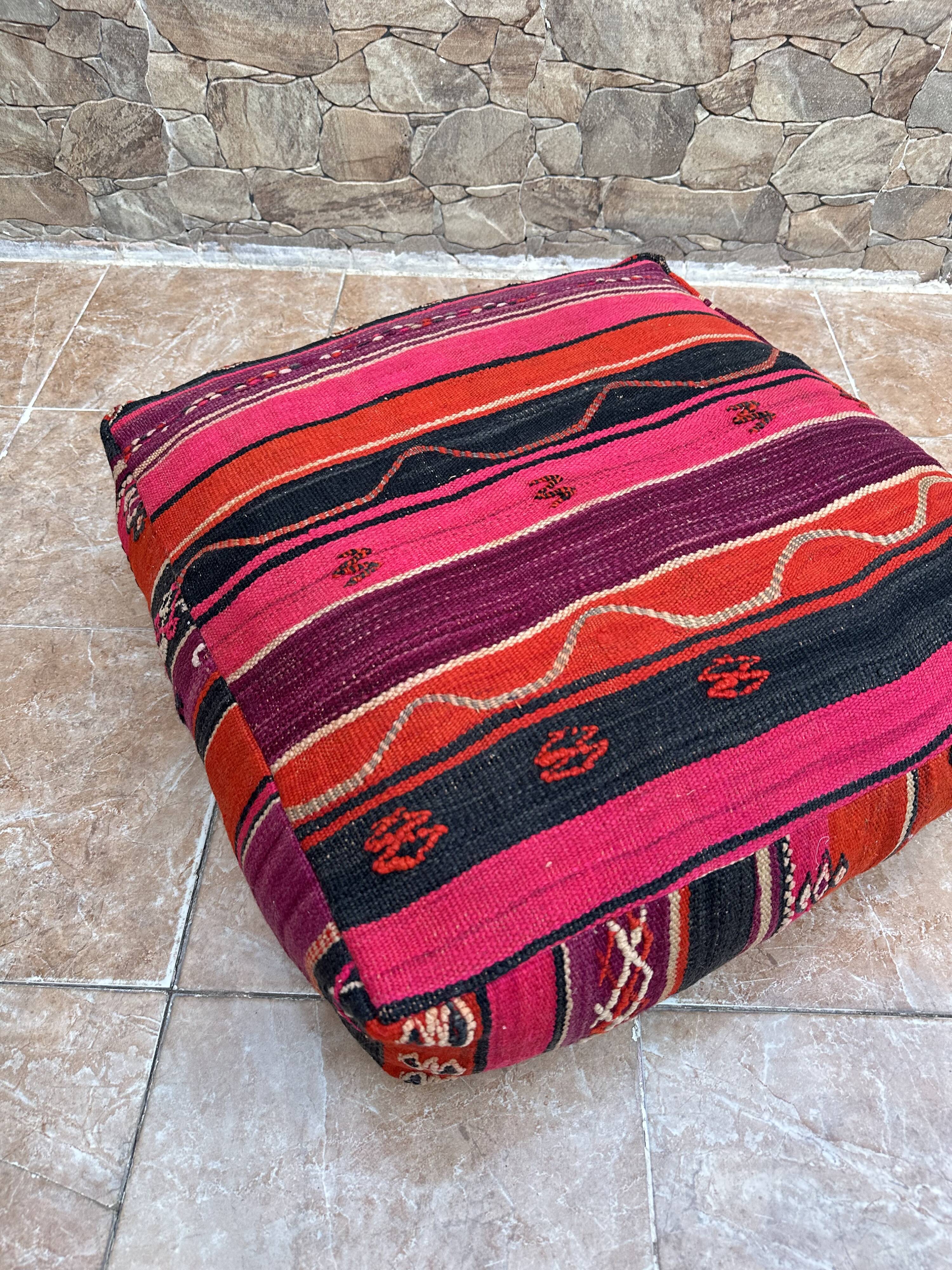 Vintage handmade Berber Kilim pouf, Moroccan floor cushion.