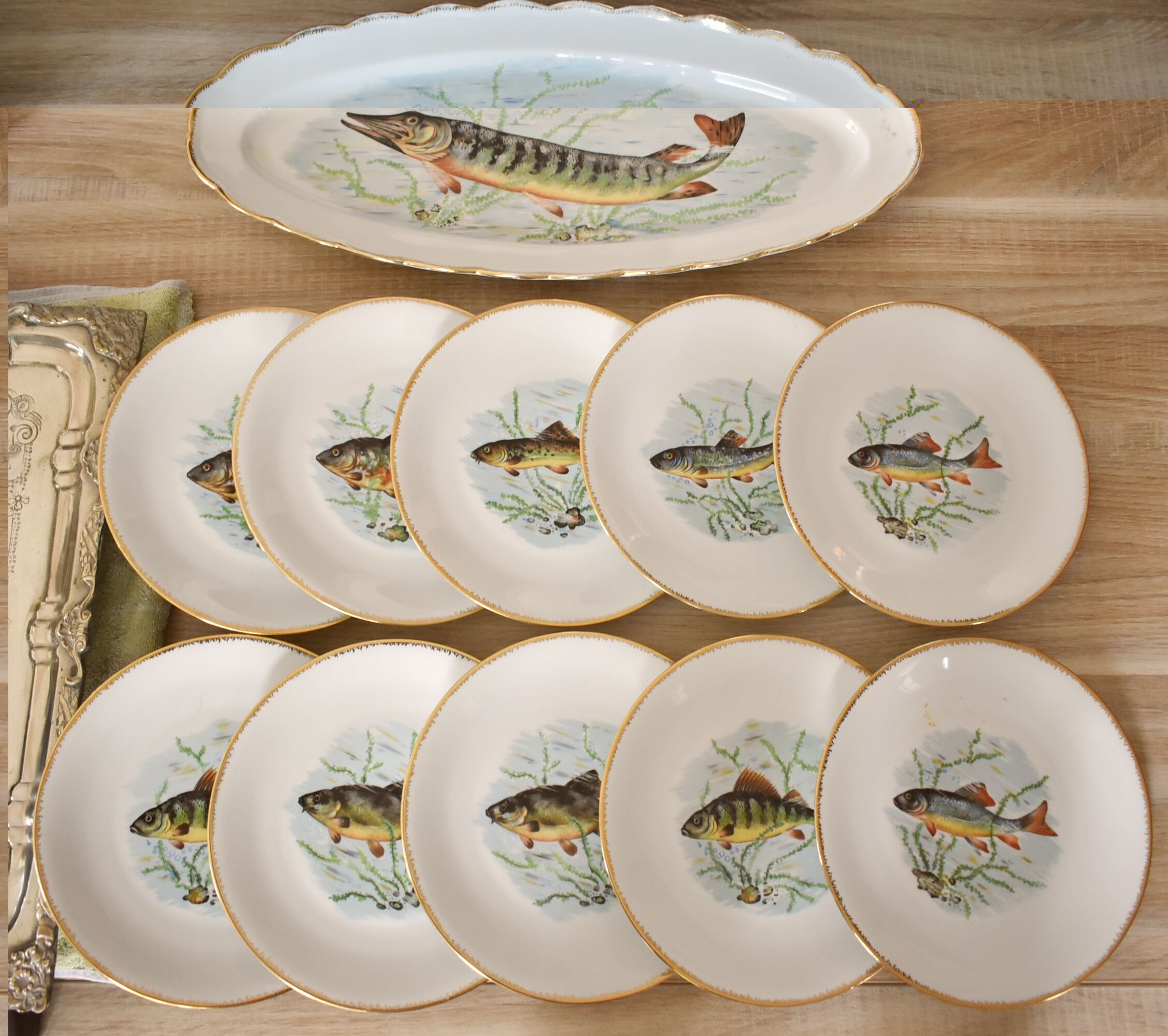 Rare: fish set 11 pieces, Société Française de Porcelaine