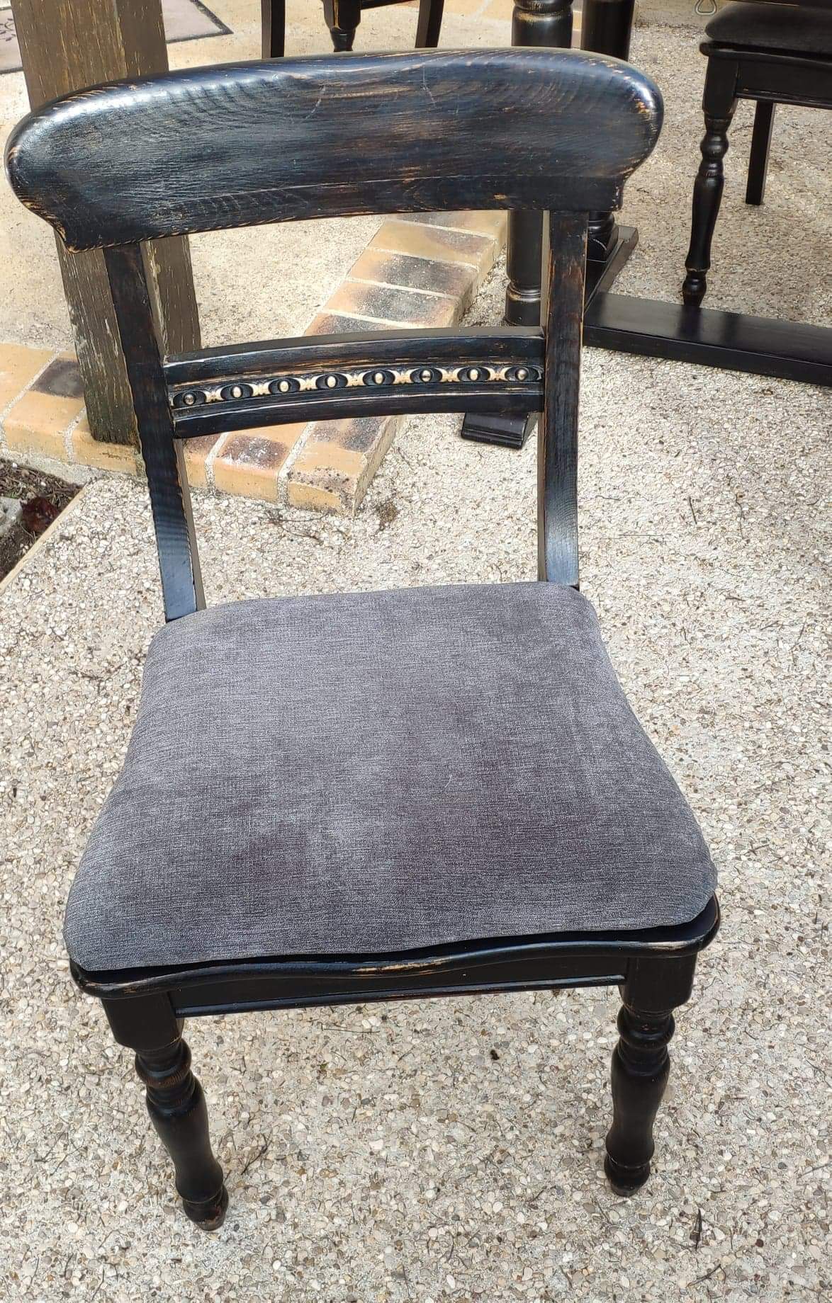 Table set and 6 solid pine chairs repainted and patinated black