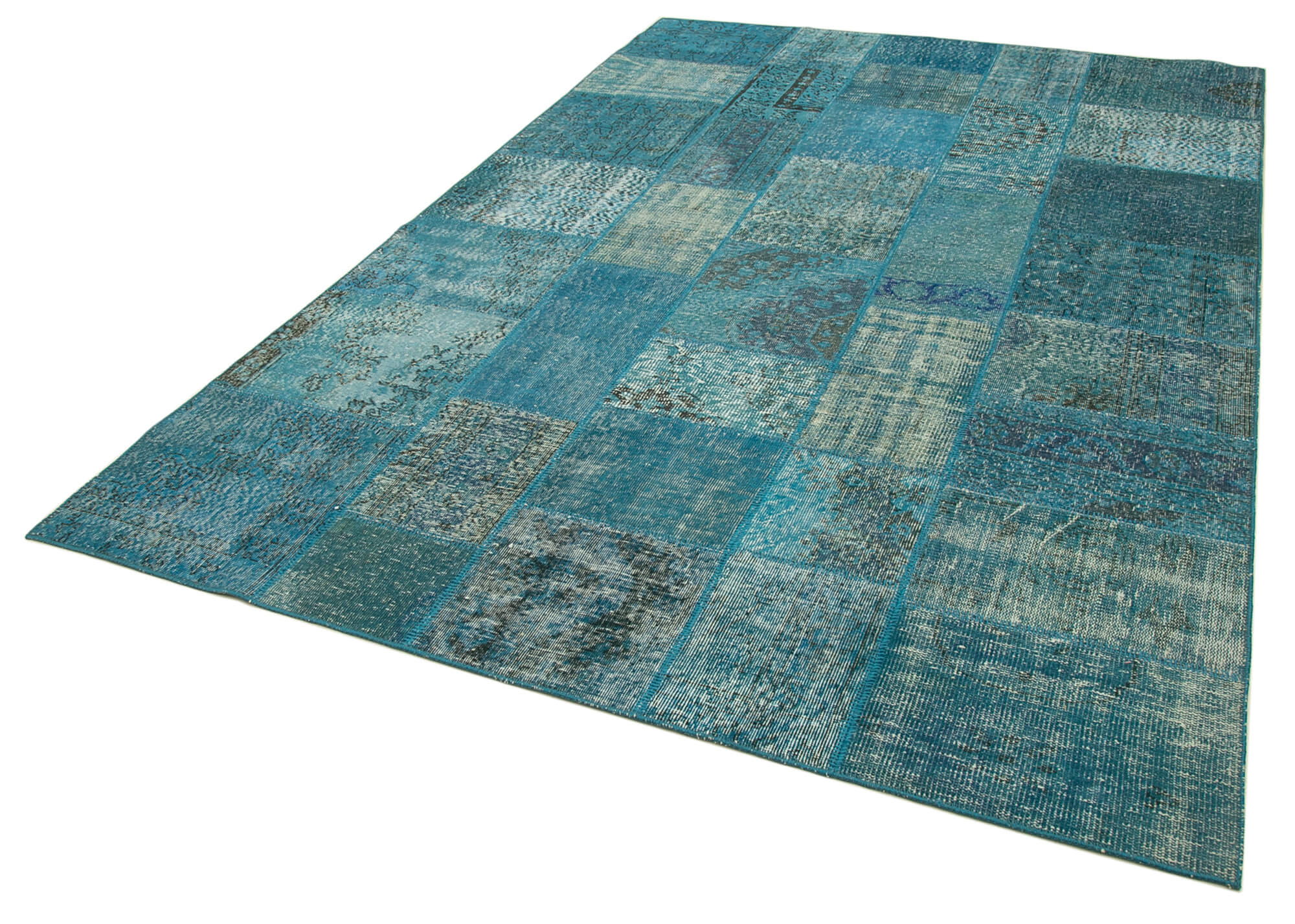 Handwoven anatolian contemporary 200 cm x 297 cm blue patchwork carpet