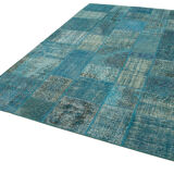 Handwoven anatolian contemporary 200 cm x 297 cm blue patchwork carpet