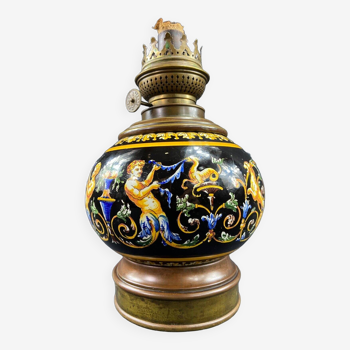 19th century lamp base in Gien earthenware, Italian Renaissance decor on a black background