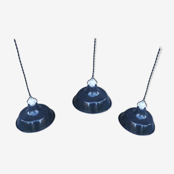 Set of 3 industrial suspensions in black enamelled sheet metal