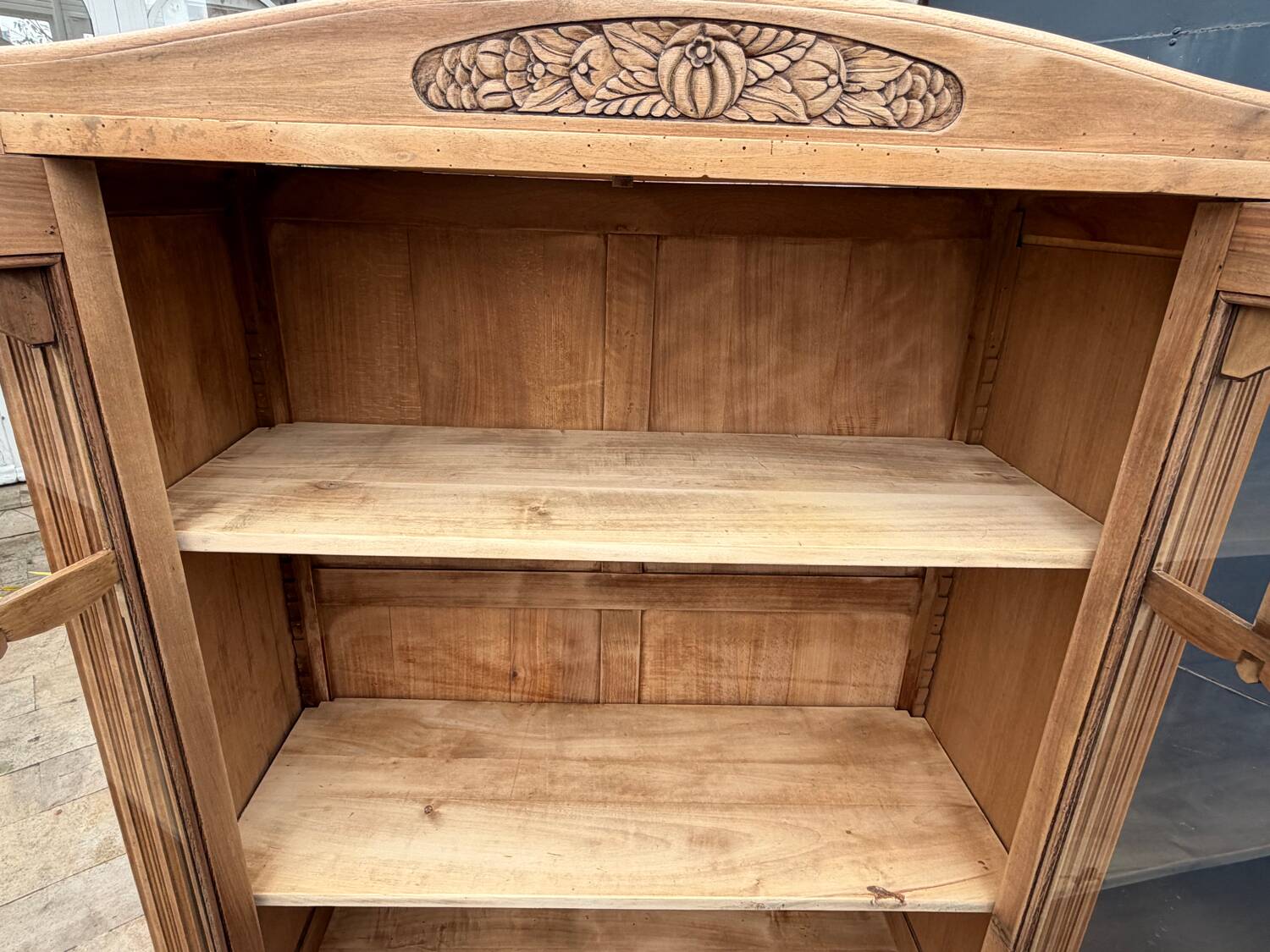 Parisian glass-fronted Art Deco wardrobe in solid raw walnut.