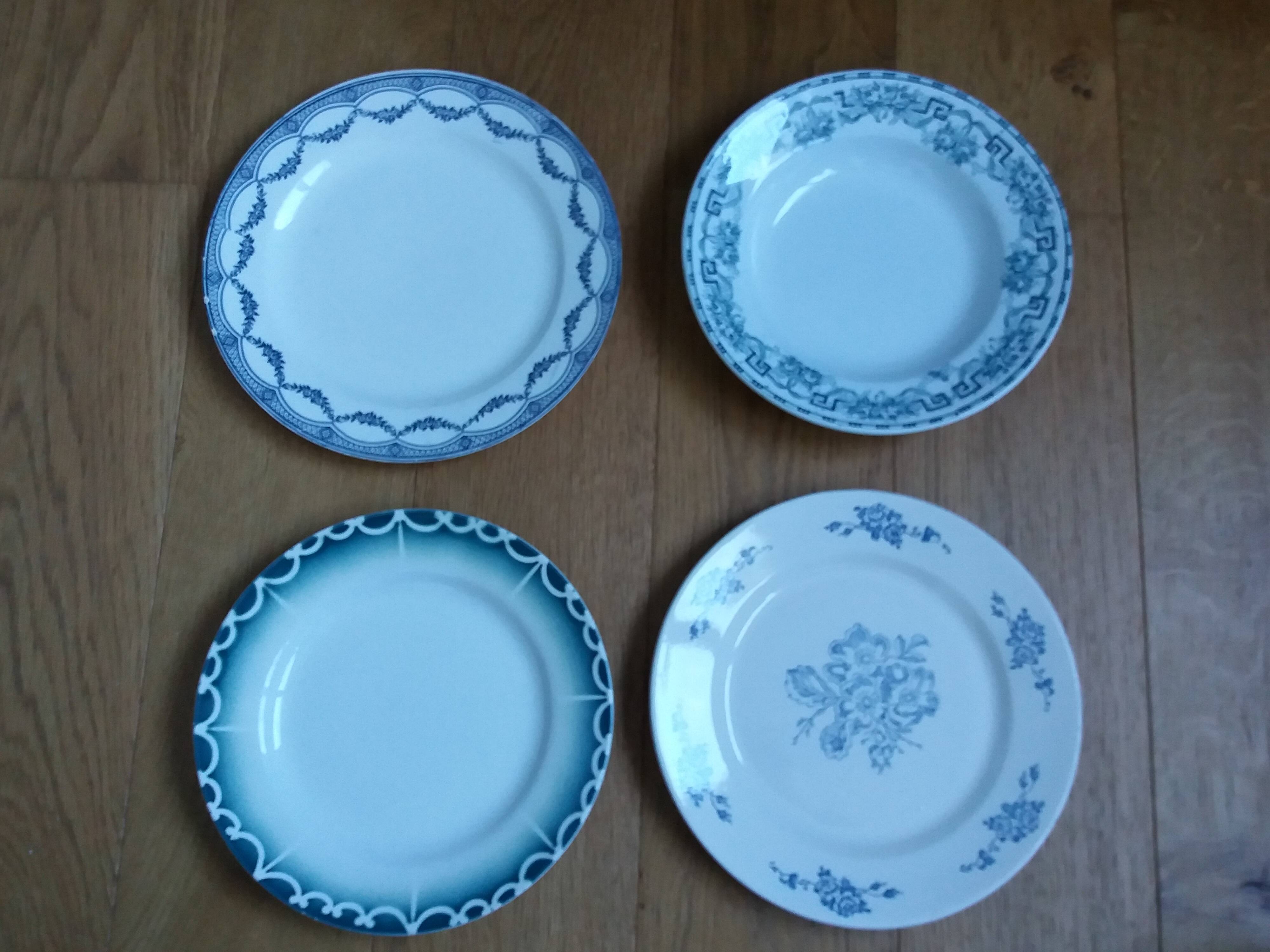 Old green and blue mismatched plates from Digoin, Salins, Moulin des Loups