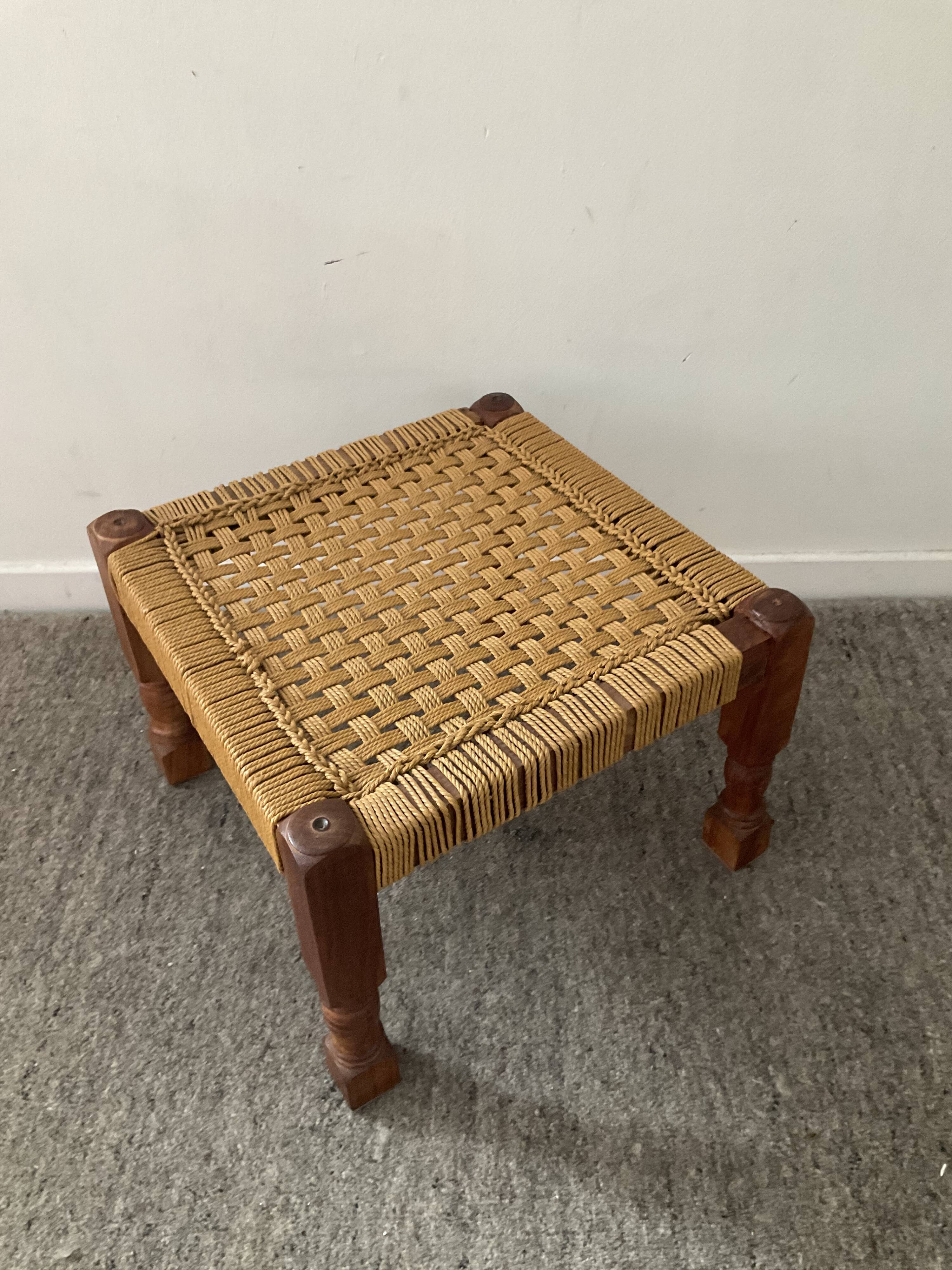 Scandinavian ottoman footrest in wood and rope 70s